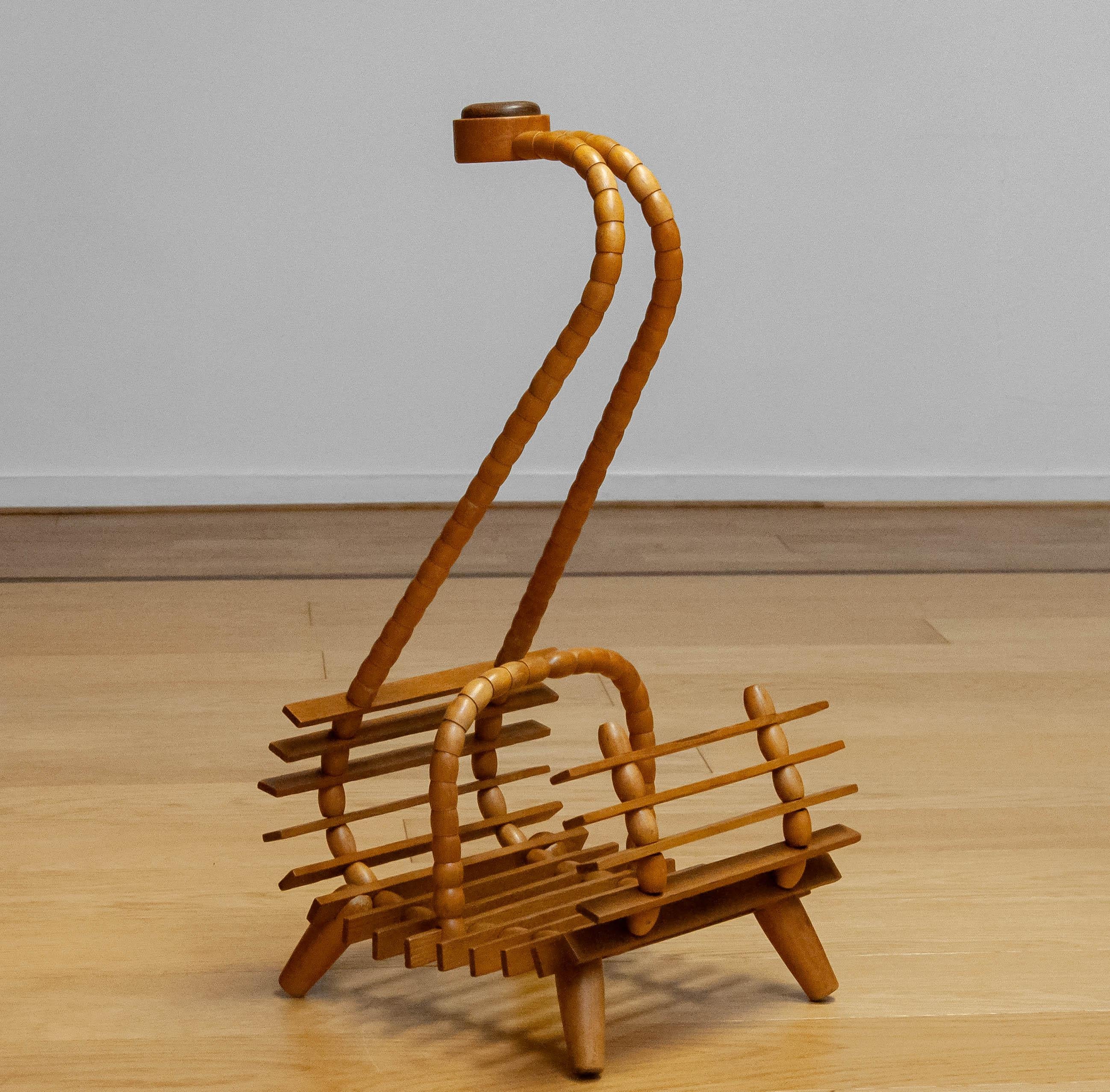 Art Nouveau 1940s Beech Magazine Rack with Oak-Inlaid Handle For Sale