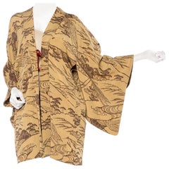 Vintage 1940S Beige & Brown  With Asian Landscape Print Kimono