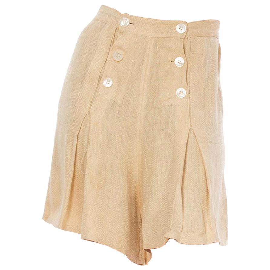 1940S Beige Silk High Waisted Culotte Shorts With Sailor Buttons