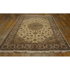 1940s Beige Mid Century Modern Medallion Tabriz Handknotted Silk Highlights Rug