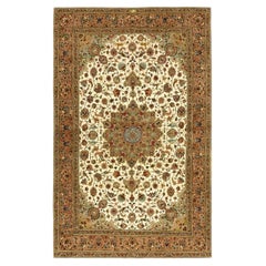 1940s Beige Mid Century Modern Medallion Tabriz Handknotted Silk Highlights Rug