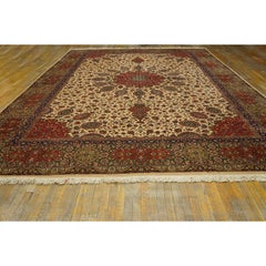 1940s Beige Swastika Medallion Antique Tabriz Handknotted Wool Gallery Rug