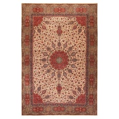 1940s Beige Swastika Medallion Antique Tabriz Handknotted Wool Gallery Rug