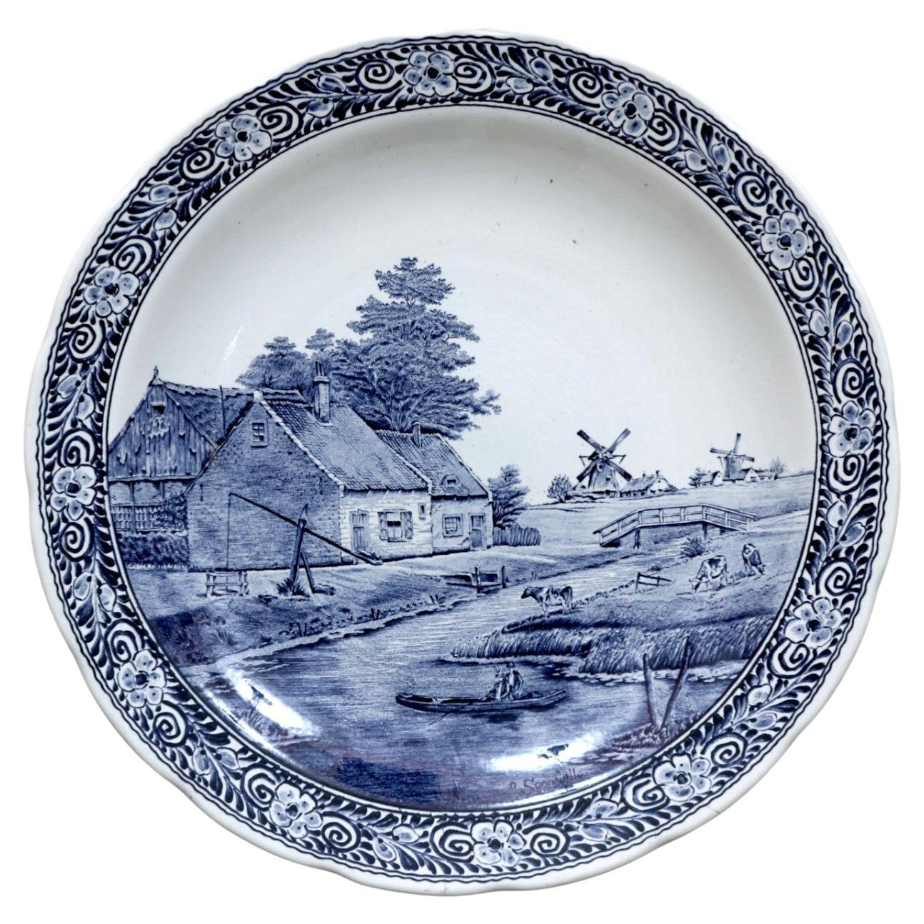 1940’s Belgian Boch Delft Blue Platter Signed J Sonneville