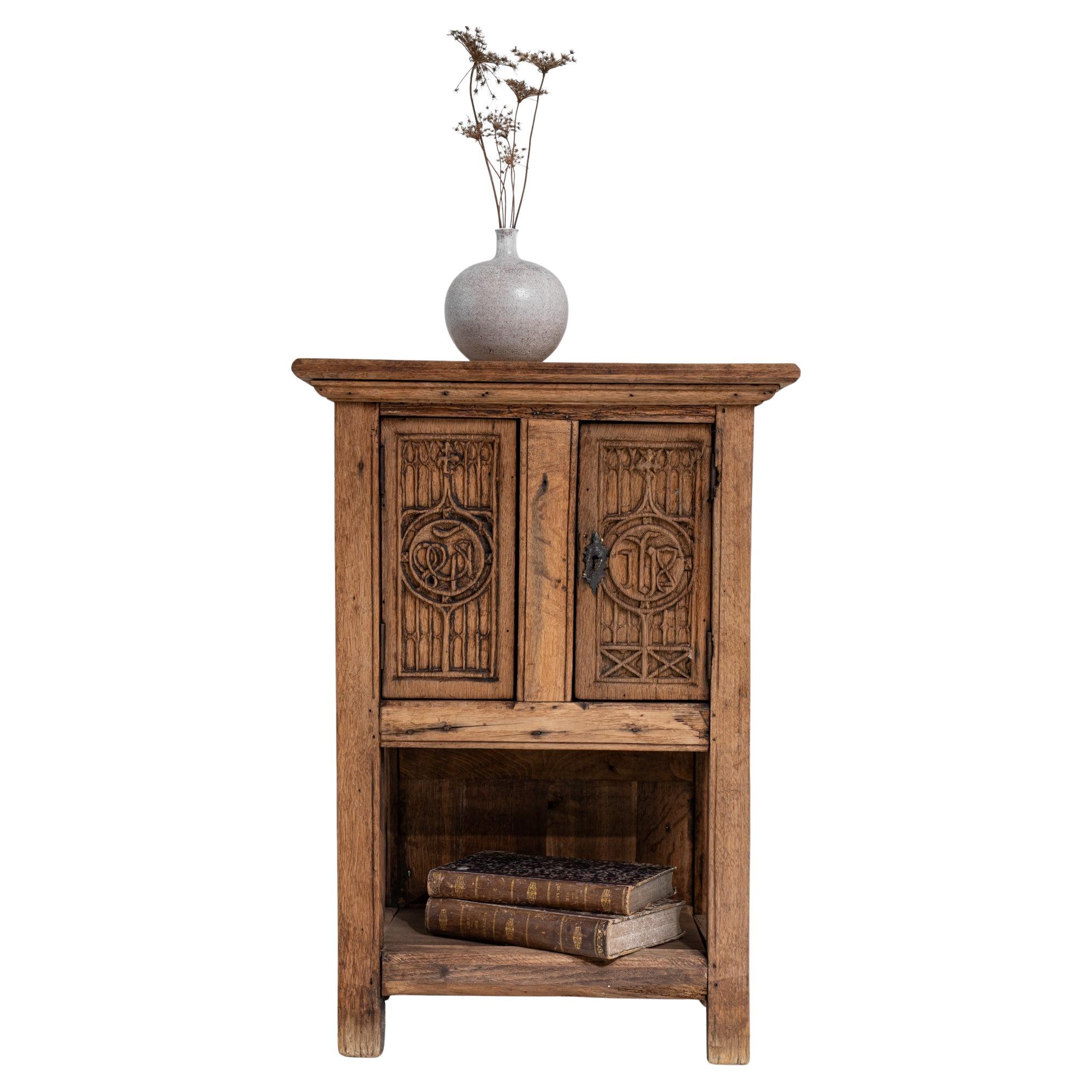 1940s Belgian Oak Neo Gothic Revival Cabinet For Sale