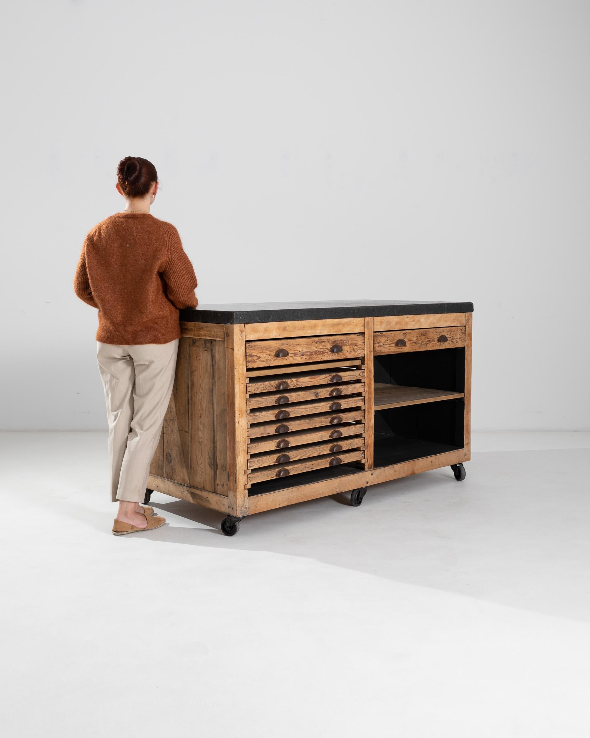 1940s Belgian Wooden Shop Counter on Wheels In Good Condition In High Point, NC