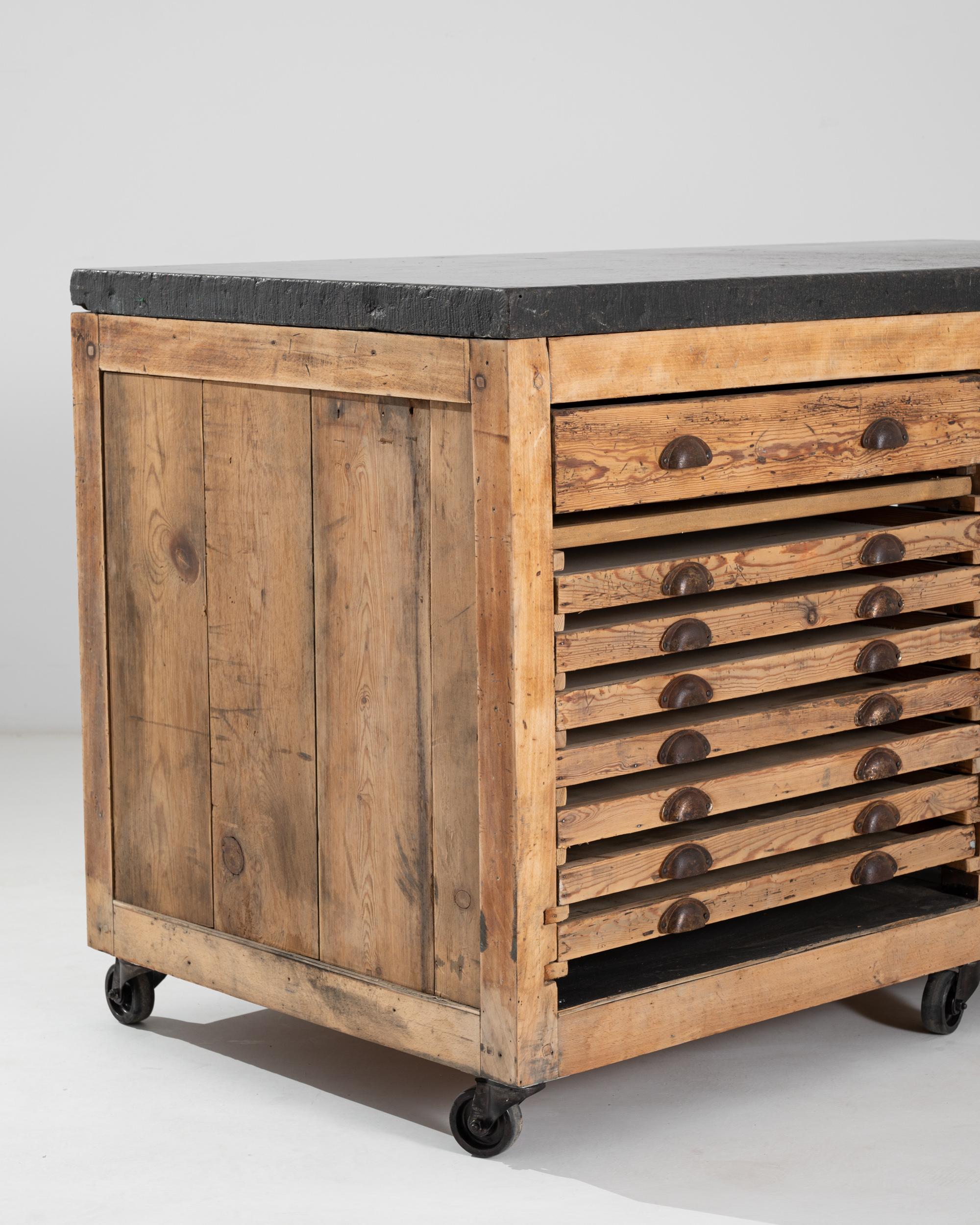 Mid-20th Century 1940s Belgian Wooden Shop Counter on Wheels