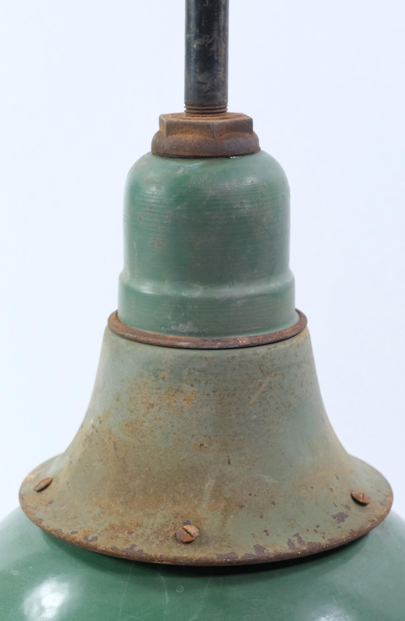 Industrial 1940s Bell Shape Green Enameled Pole Pendant Light 19 in. Qty. Avail.