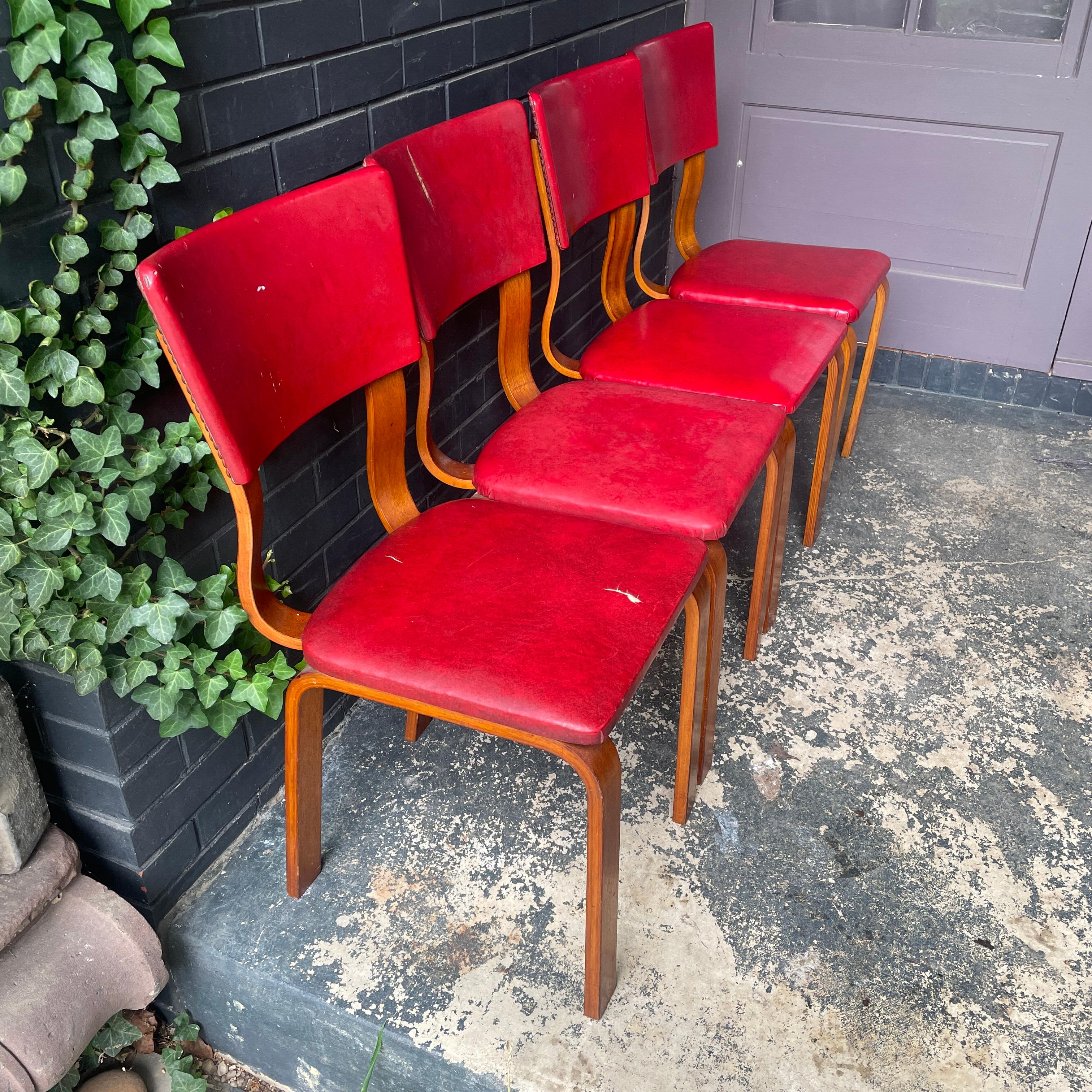 These are 4 all original chairs, and are presented in unrestored condition. These will need to be recovered two chairs have rips to the very old vinyl coverings. Reminiscent of the famous Alvar Aalto bentwood work of the same period.