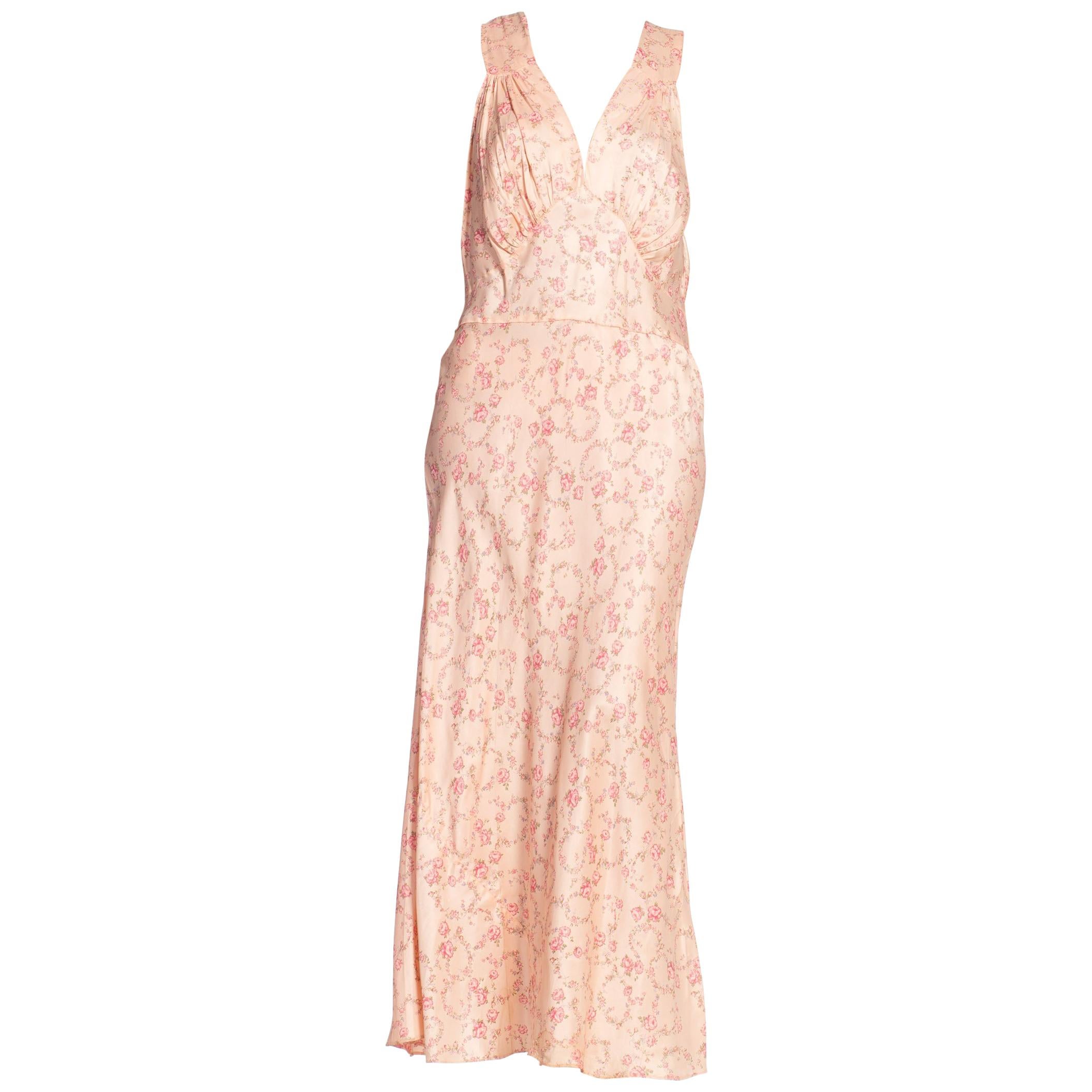 1940S Peach Floral Rayon Satin Bias Cut Negligée Slip Dress XL