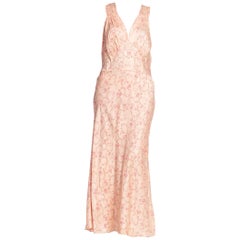 1940S Peach Floral Rayon Satin Bias Cut Negligée Slip Dress XL