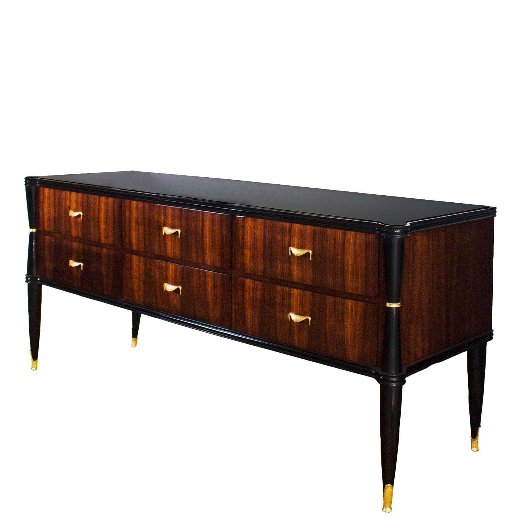 Big commode, six-drawer, mahogany veneer, stained mahogany stands, French polish. Drawers interiors in ashwood. Polished brass handles and feet. Black opaline on top.
In the style of Vittorio Dassi

Italy, circa 1940.