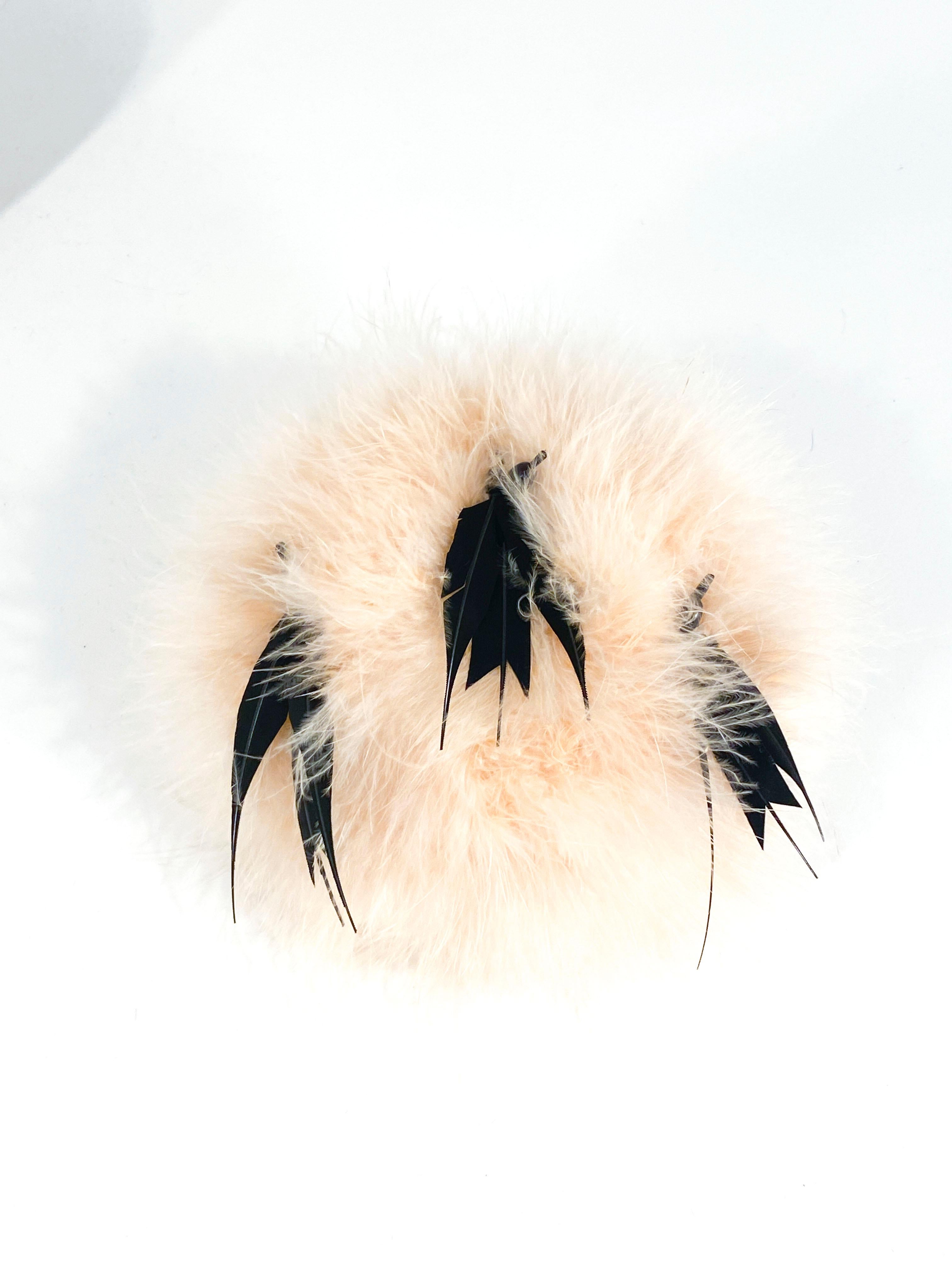 Beige 1940s Black and Pink Feathered Cocktail Hat with Bird Accents