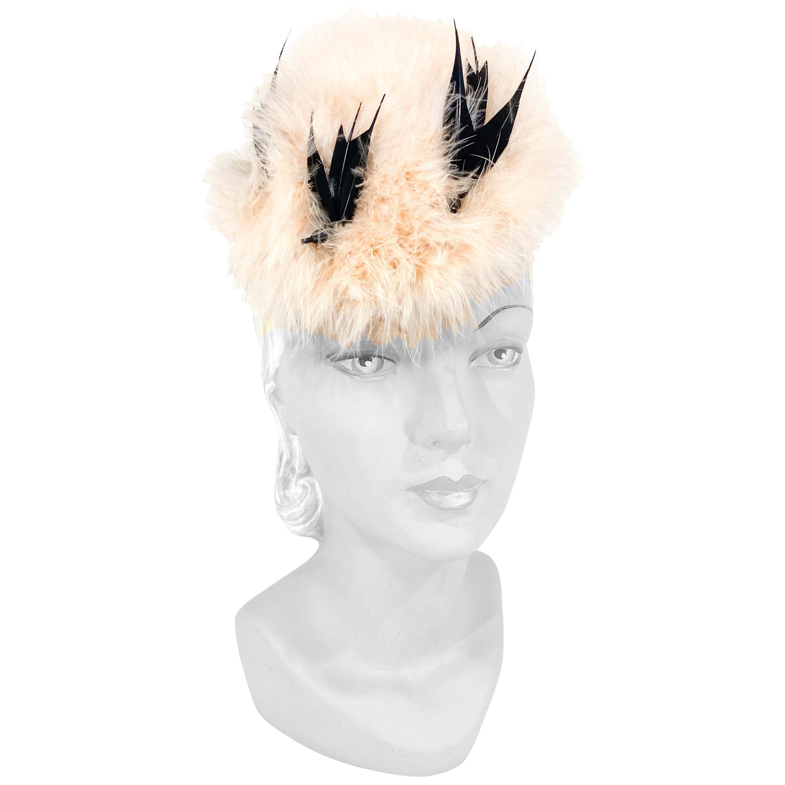 1940s Black and Pink Feathered Cocktail Hat with Bird Accents