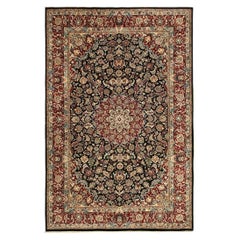 1940s Black Antique Floral Medallion Mashhad Khorassan Handknotted Wool Rug