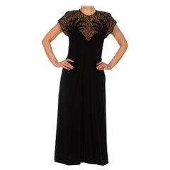 1940S Black Beaded Silk Faille & Chantilly Lace Cocktail Dress