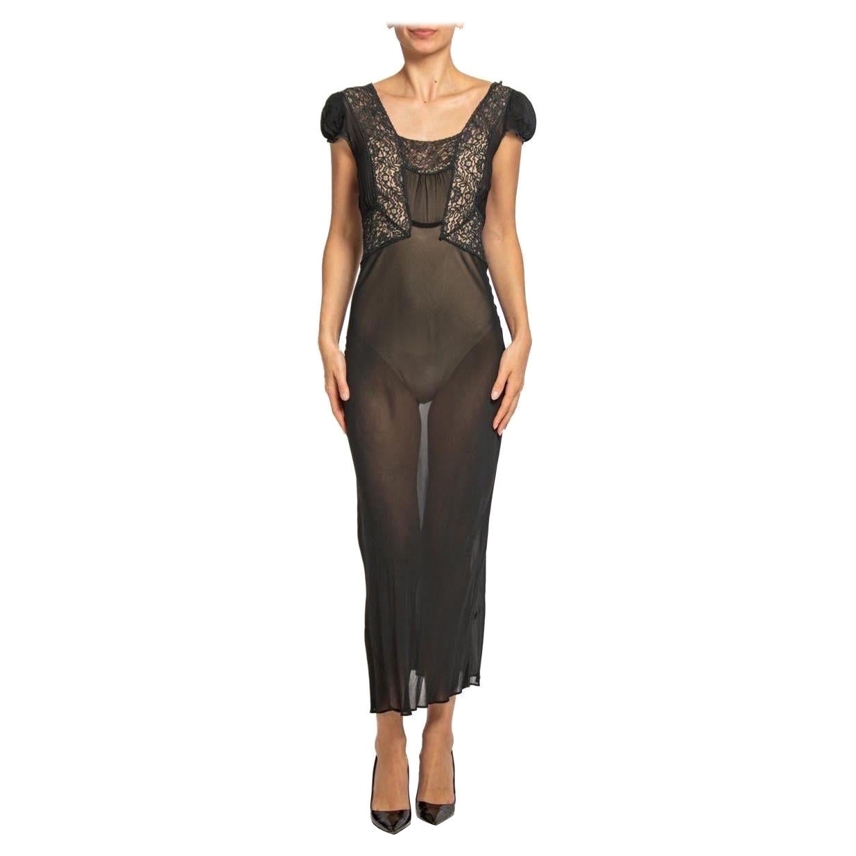 1940S Schwarz Schrägschnitt Rayon Chiffon und Spitze Cap Ärmel Negligee