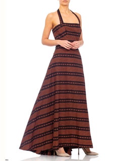 1940S Black & Rusty Orange Printed Cotton Summer Gown With Great Fullness Towar