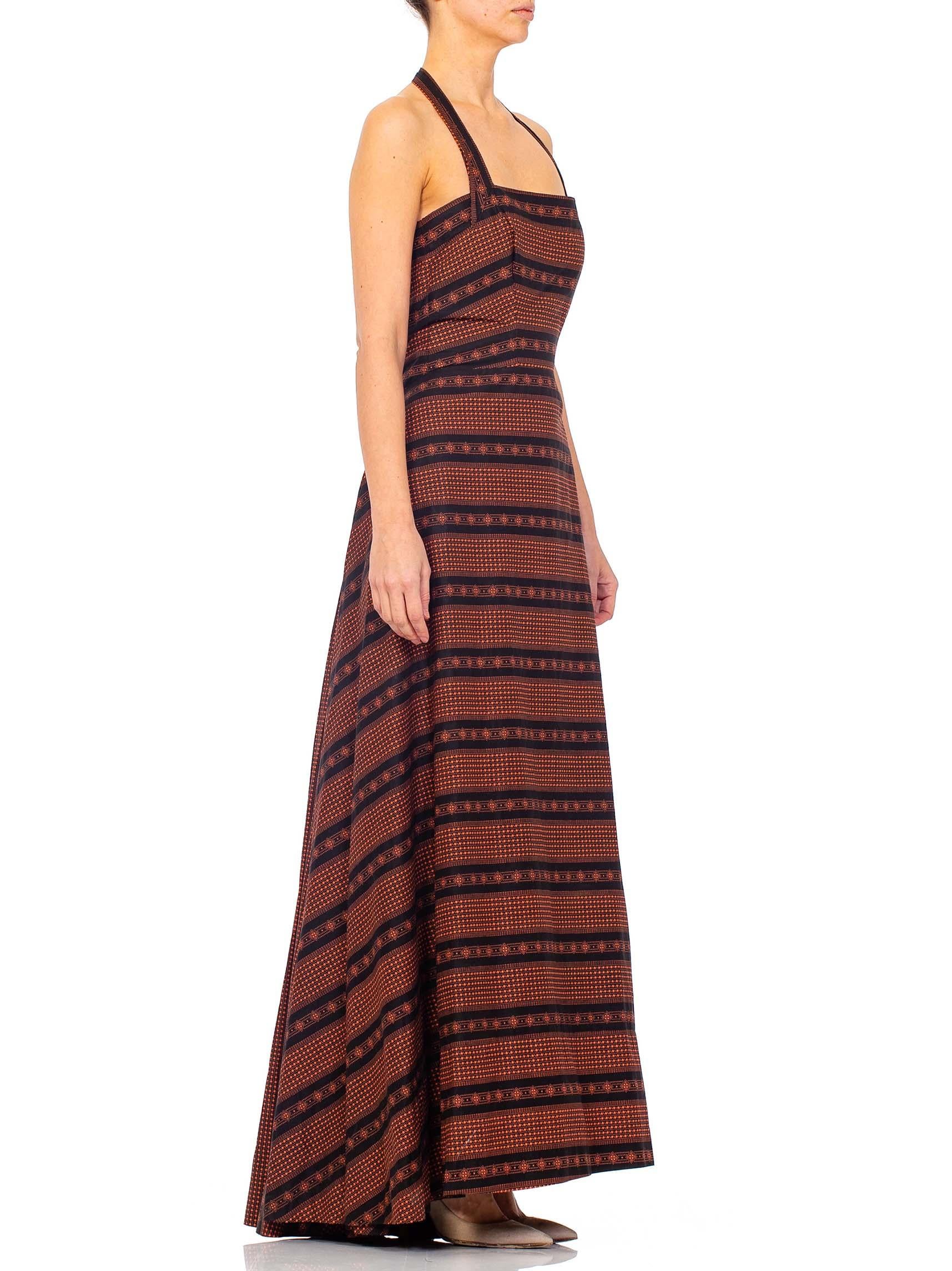 Brown 1940S Black & Rusty Orange Printed Cotton Summer Gown With Great Fullness Towar For Sale