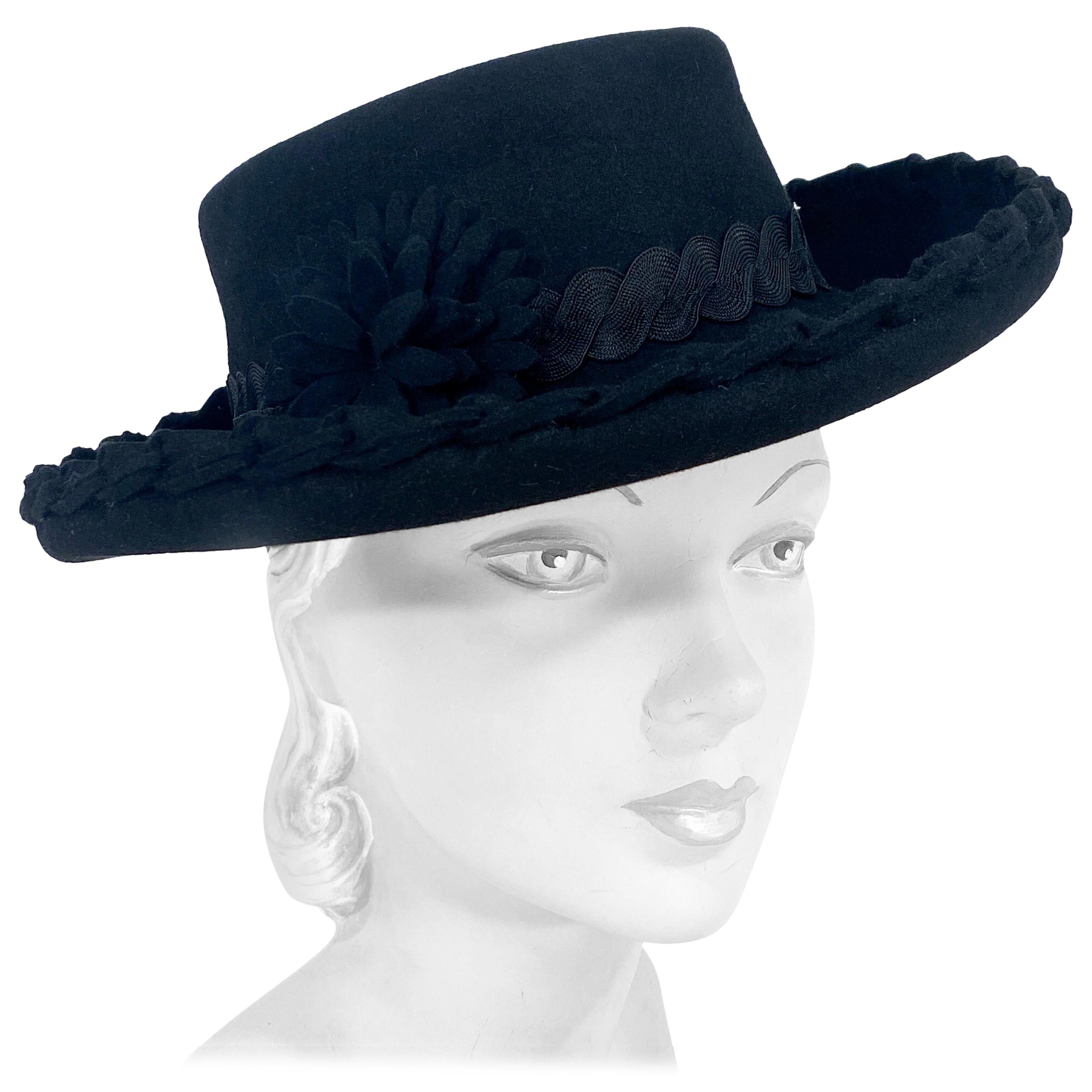 1940s Black Cashmere Feminine Pork Pie Hat