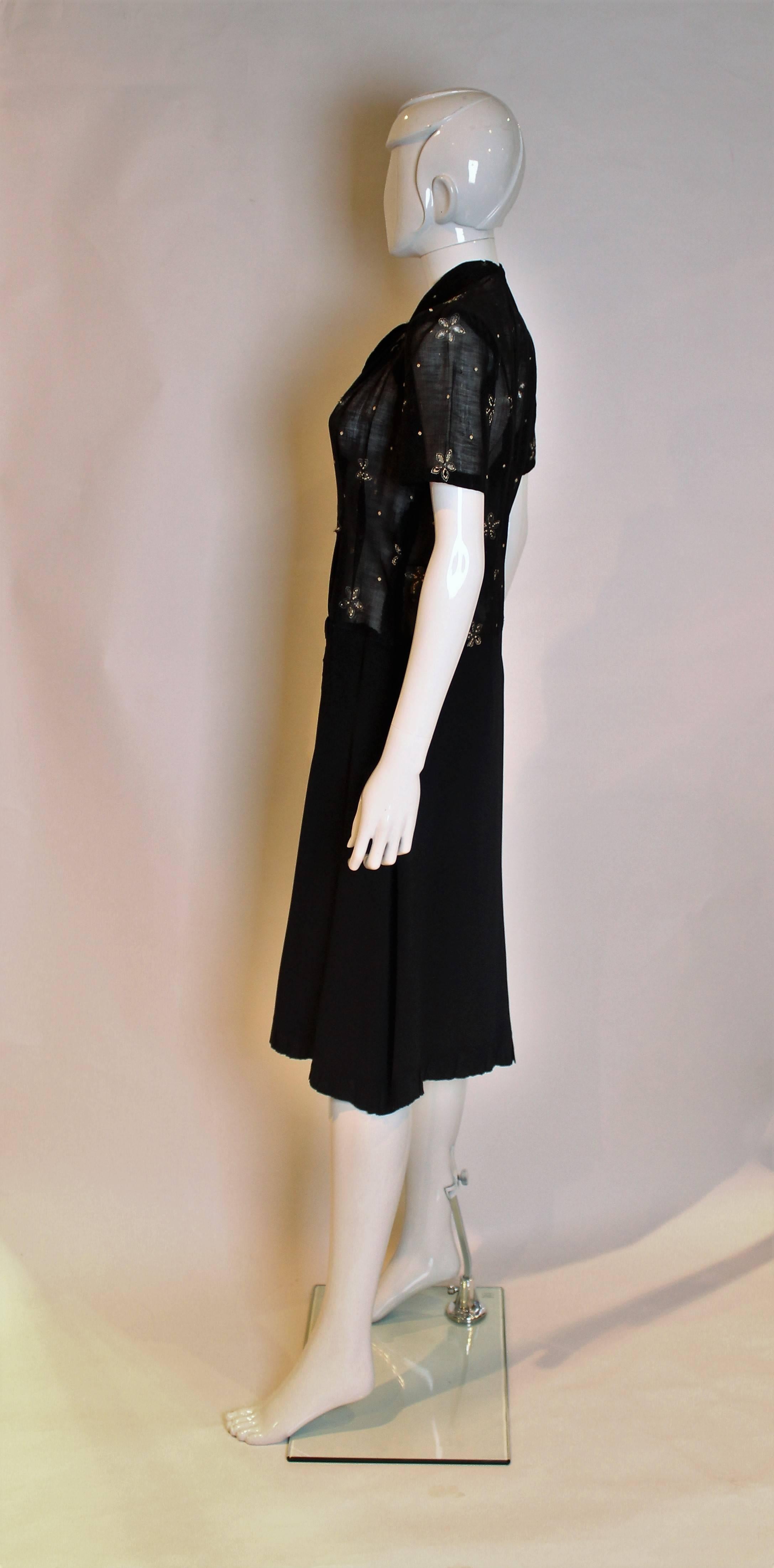 Women's 1940s Black Crepe and Cotton Dress For Sale