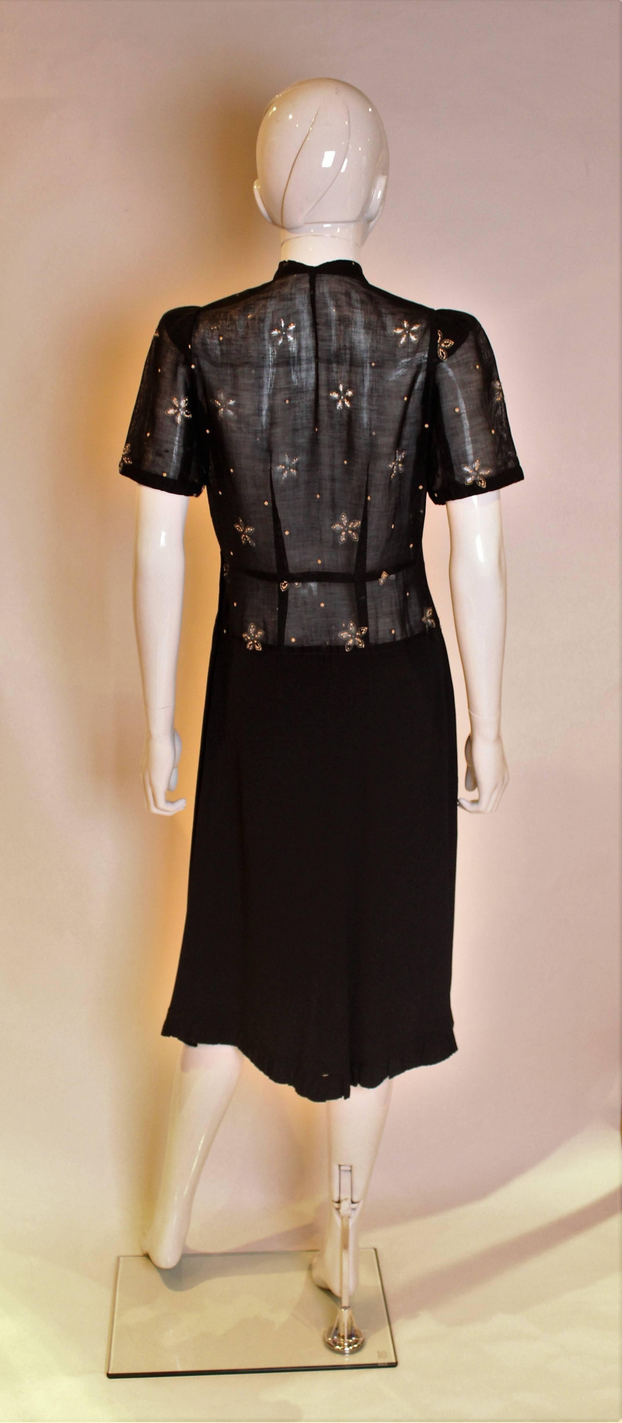 1940s Black Crepe and Cotton Dress For Sale 1