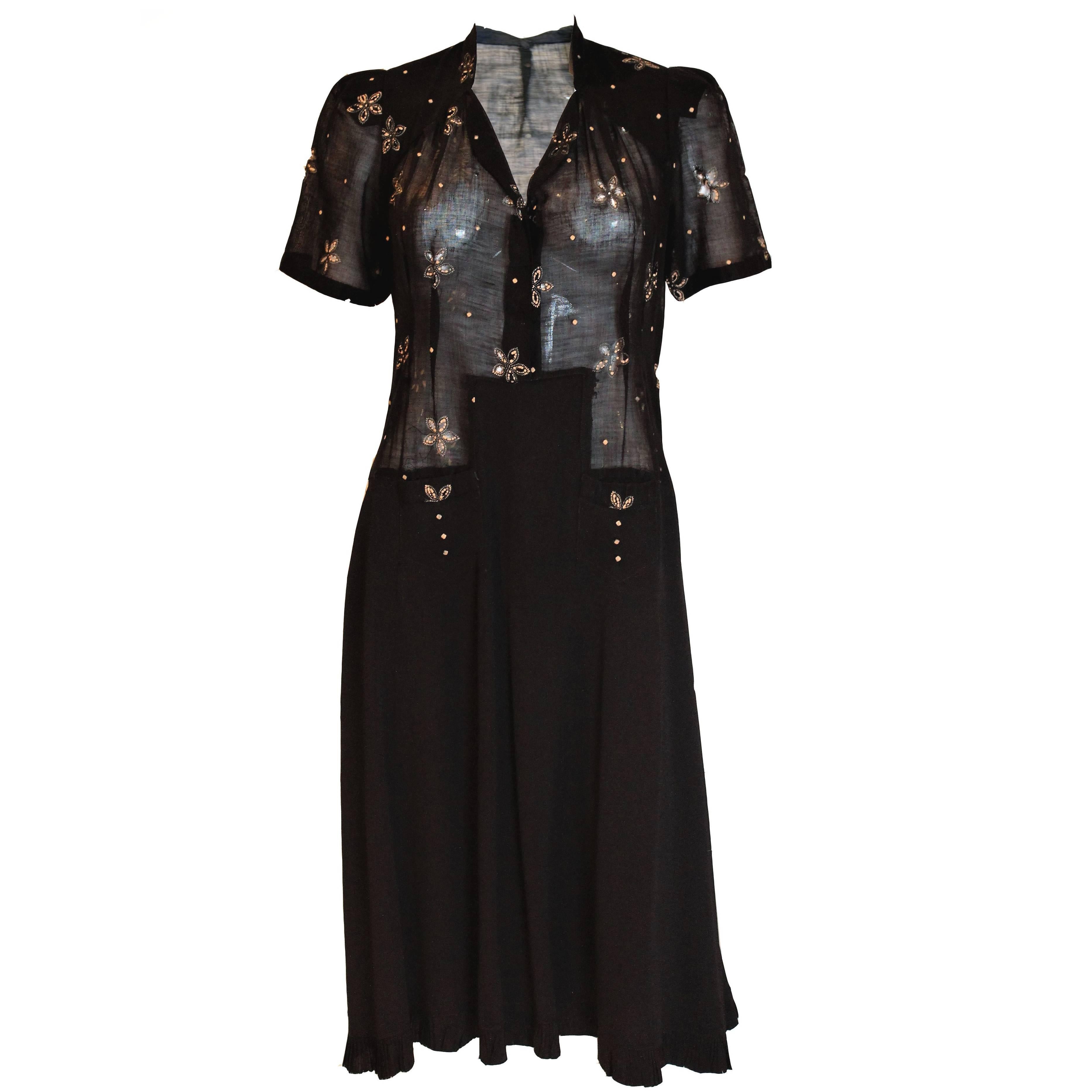 1940s Black Crepe and Cotton Dress For Sale
