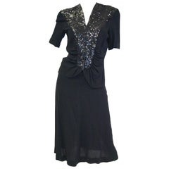 1940s Black Crepe and Sequin Cocktail Skirt and Blouse Set