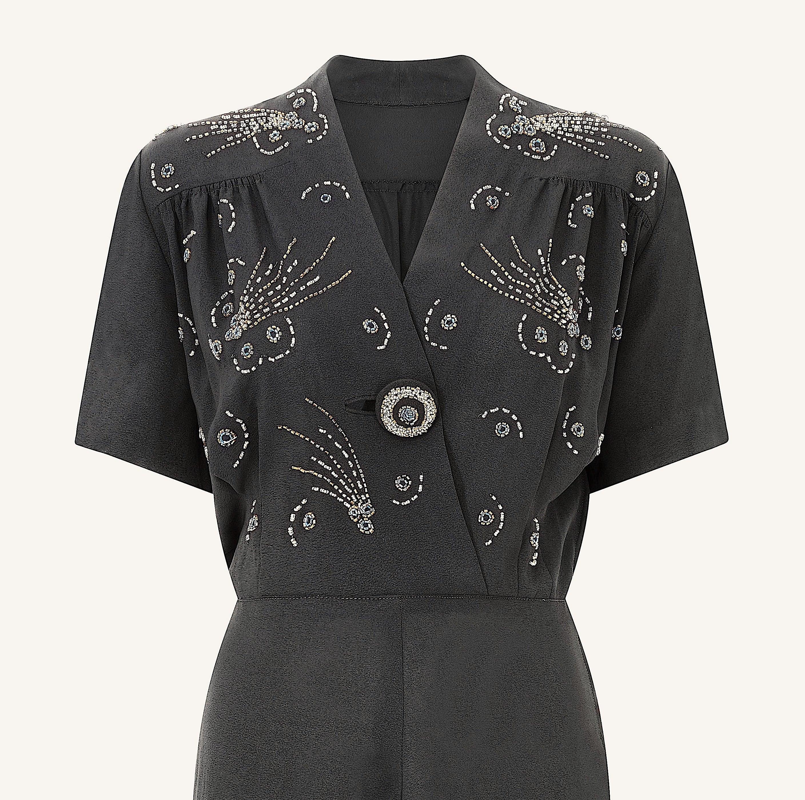 Women's 1940s Black Crepe Comet Design Beaded Dress