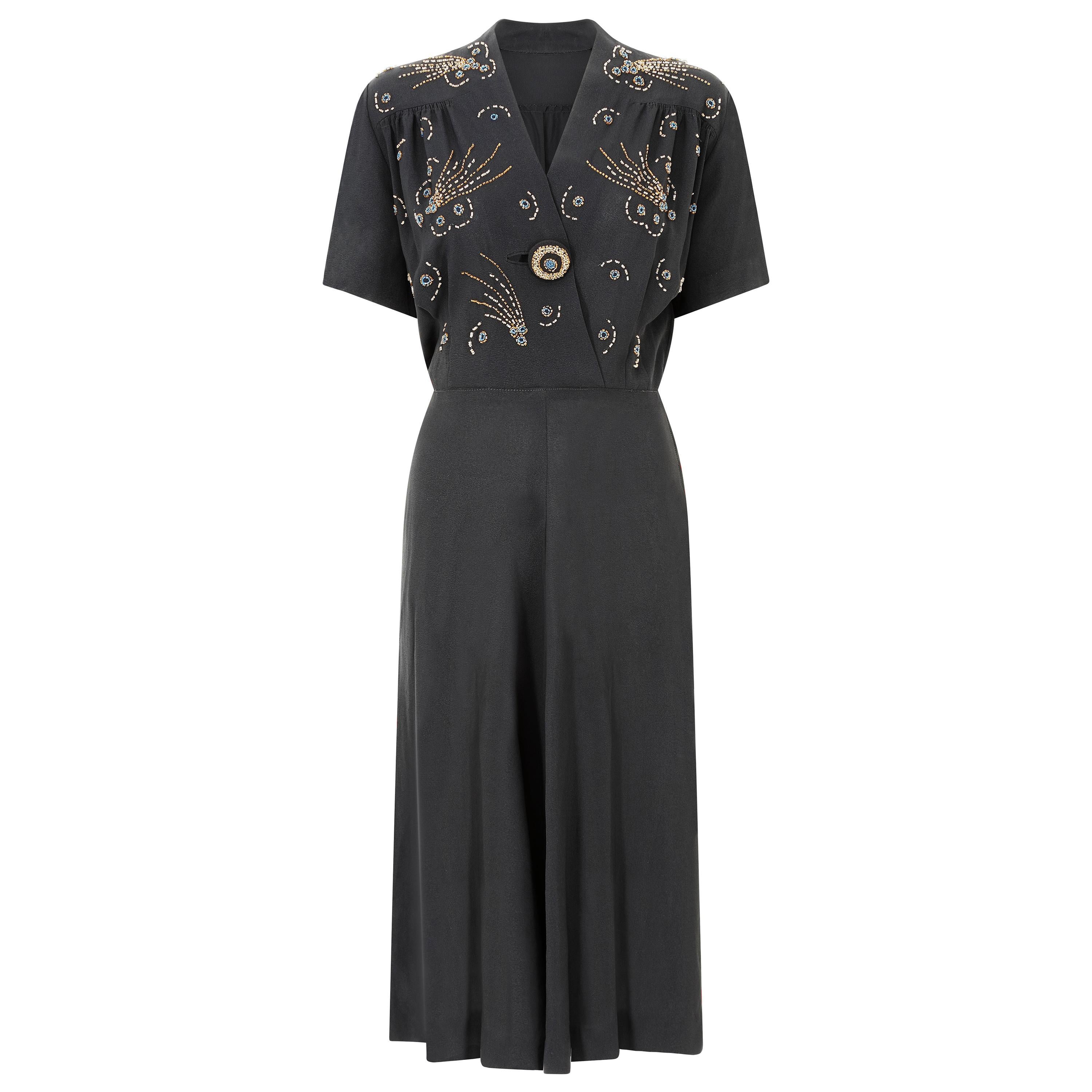 1940s Black Crepe Comet Design Beaded Dress