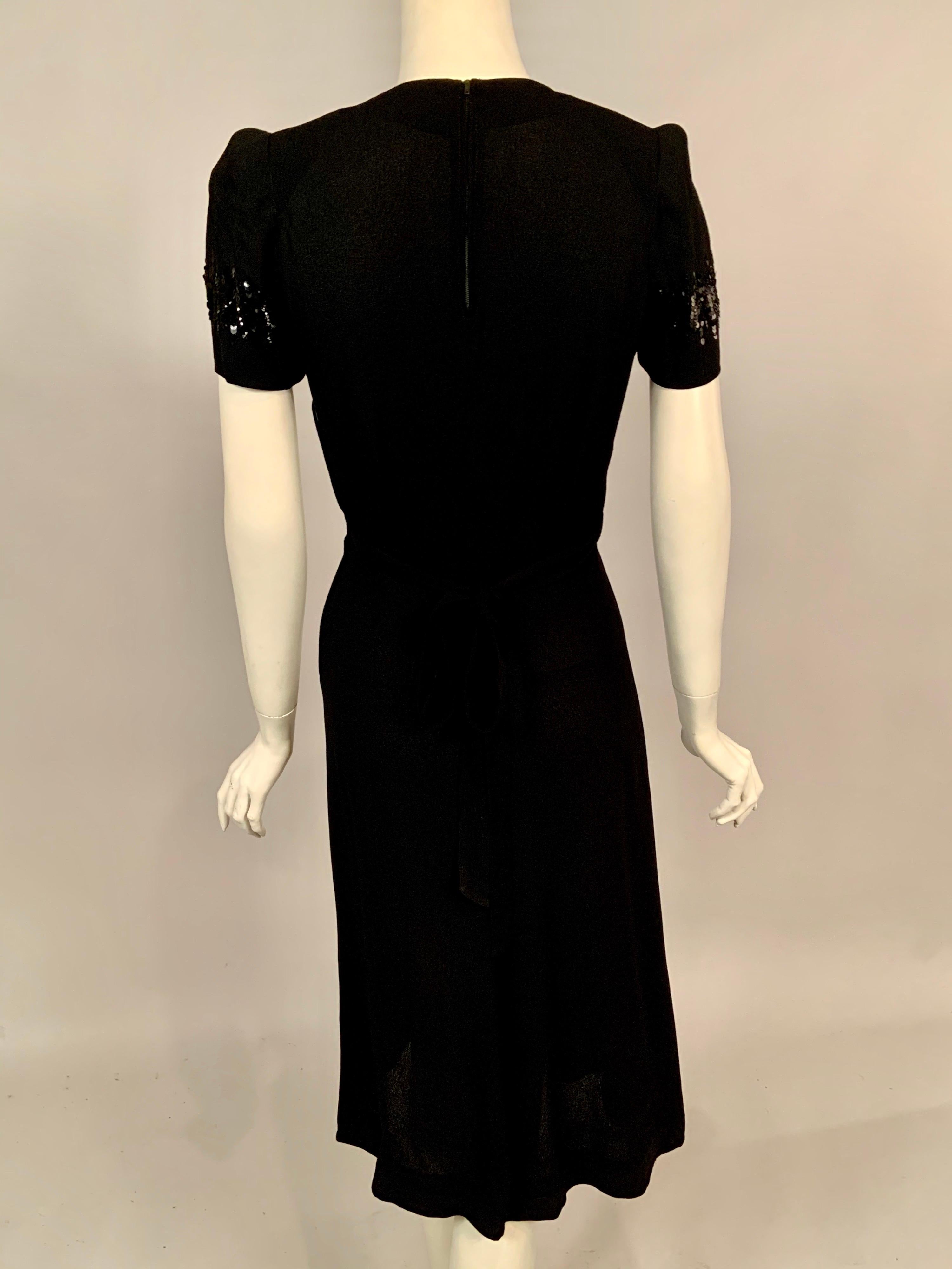 Women's 1940's Black Crepe Dress Elaborately Beaded Sheer Top For Sale