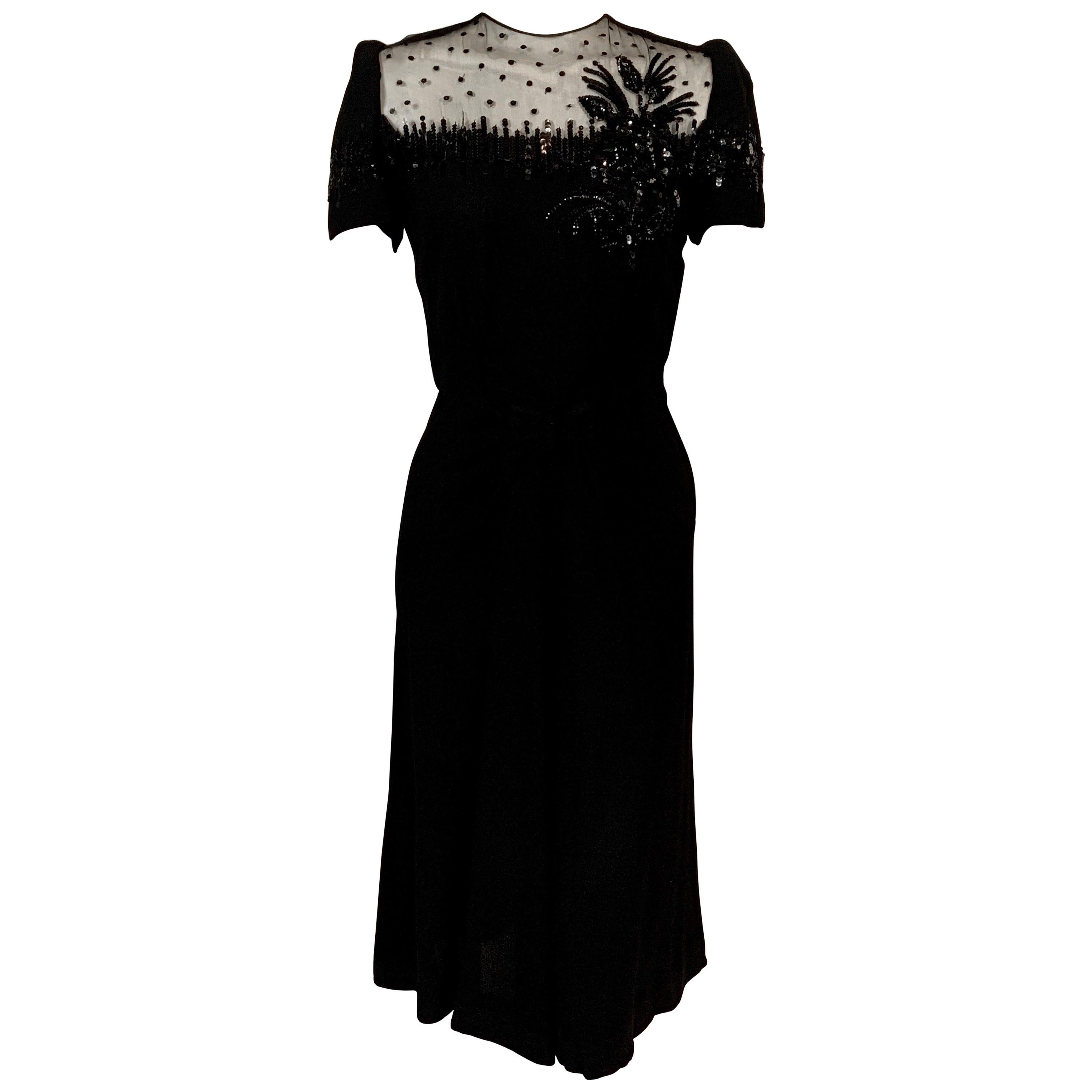 1940's Black Crepe Dress Elaborately Beaded Sheer Top For Sale