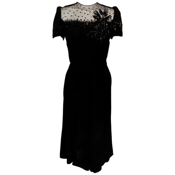 1940's Black Crepe Dress Elaborately Beaded Sheer Top For Sale at ...