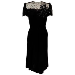 1940's Black Crepe Dress Elaborately Beaded Sheer Top