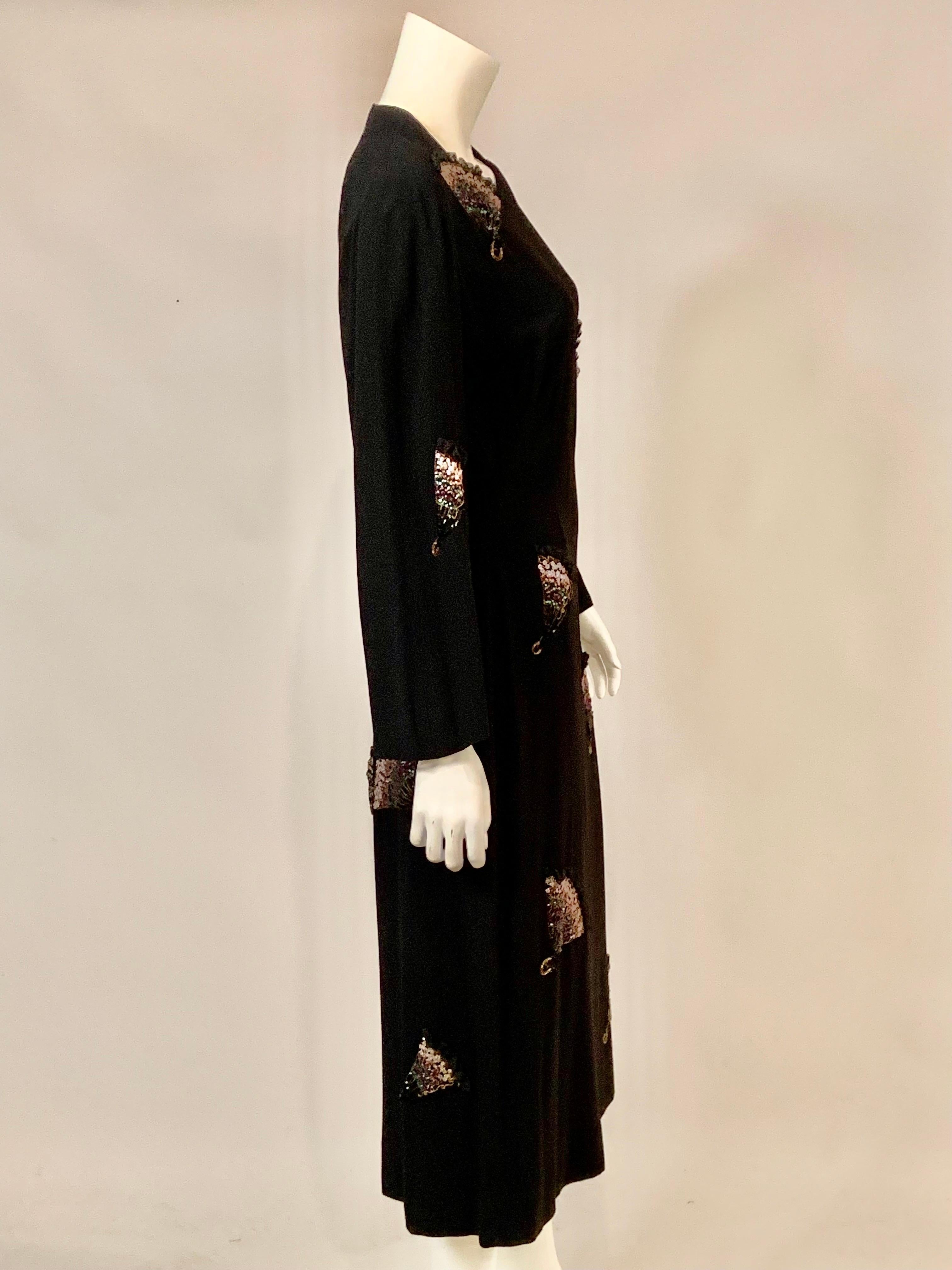 1940's Black Crepe Dress with Embroidered Beaded and Lace Trimmed Fans For Sale 7