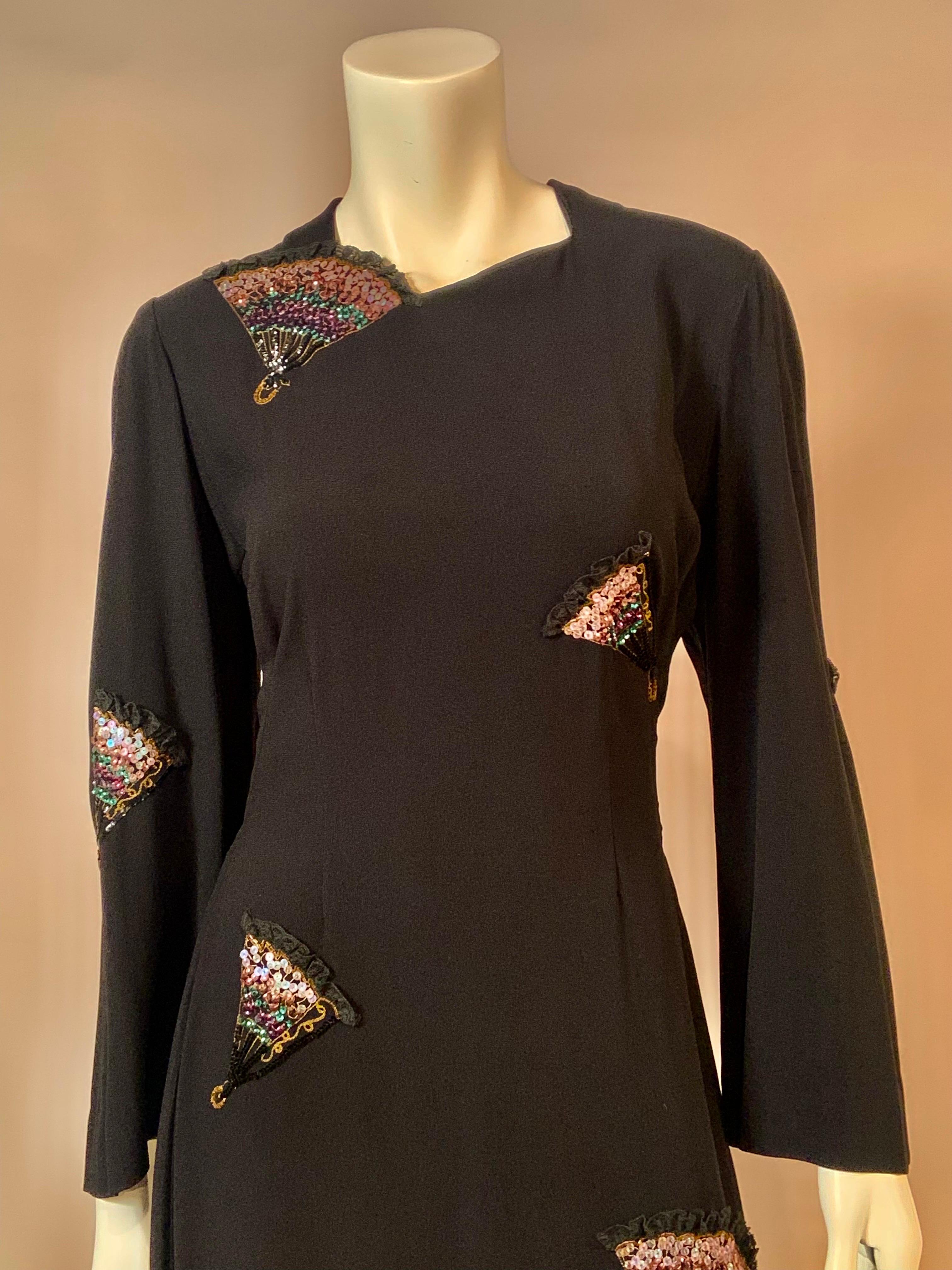 1940's Black Crepe Dress with Embroidered Beaded and Lace Trimmed Fans In Excellent Condition For Sale In New Hope, PA
