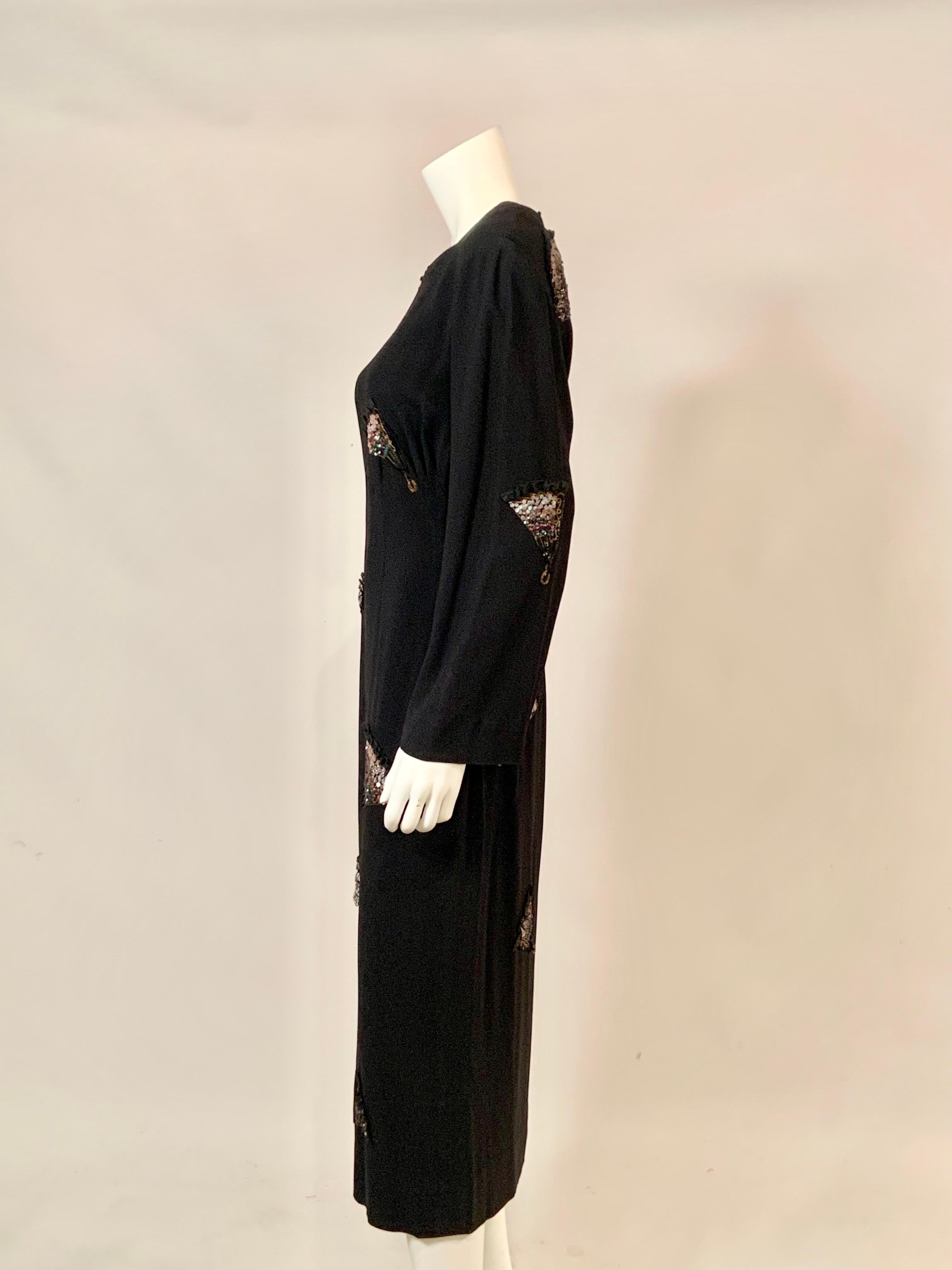 1940's Black Crepe Dress with Embroidered Beaded and Lace Trimmed Fans For Sale 3