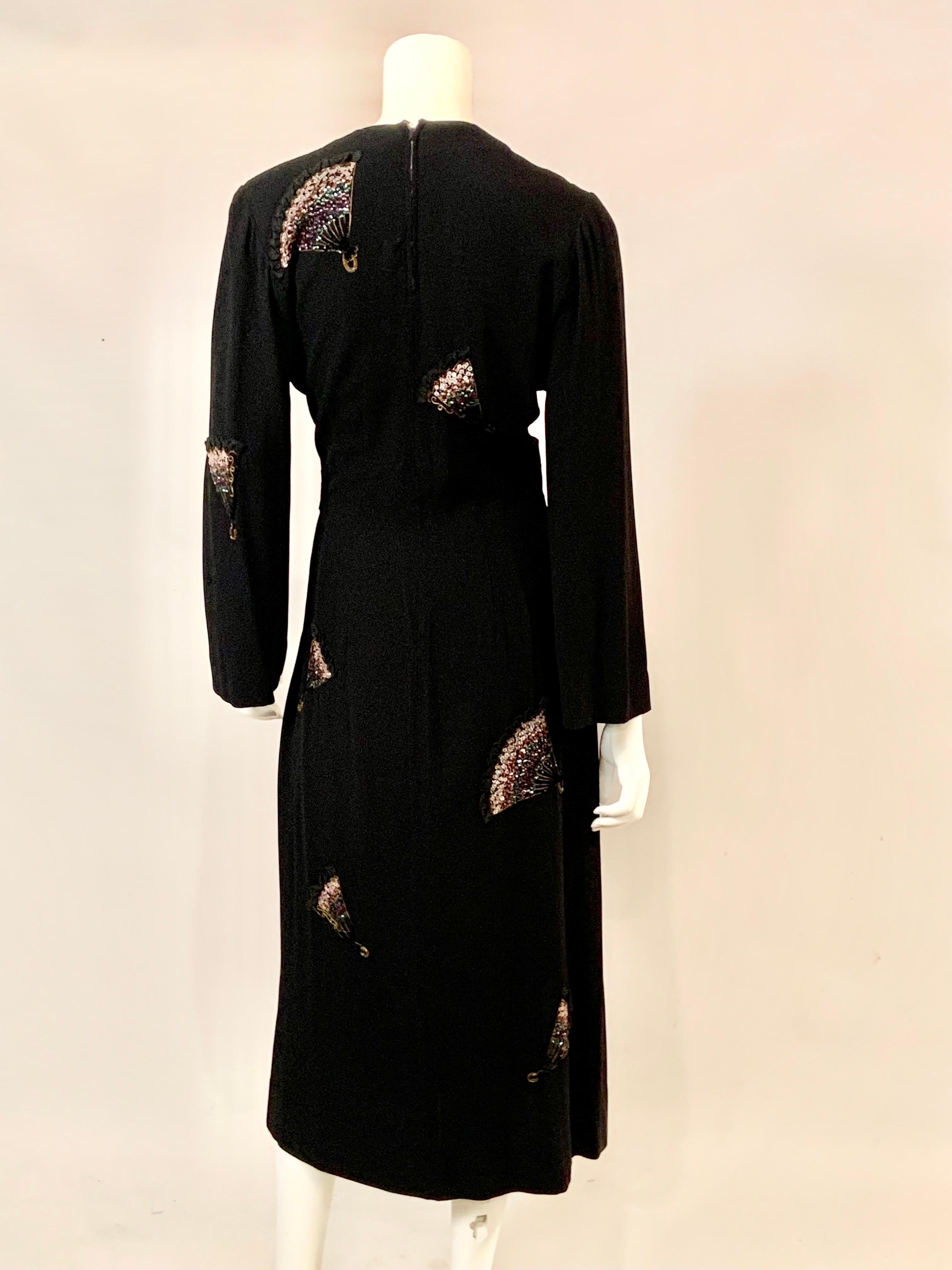 1940's Black Crepe Dress with Embroidered Beaded and Lace Trimmed Fans For Sale 4