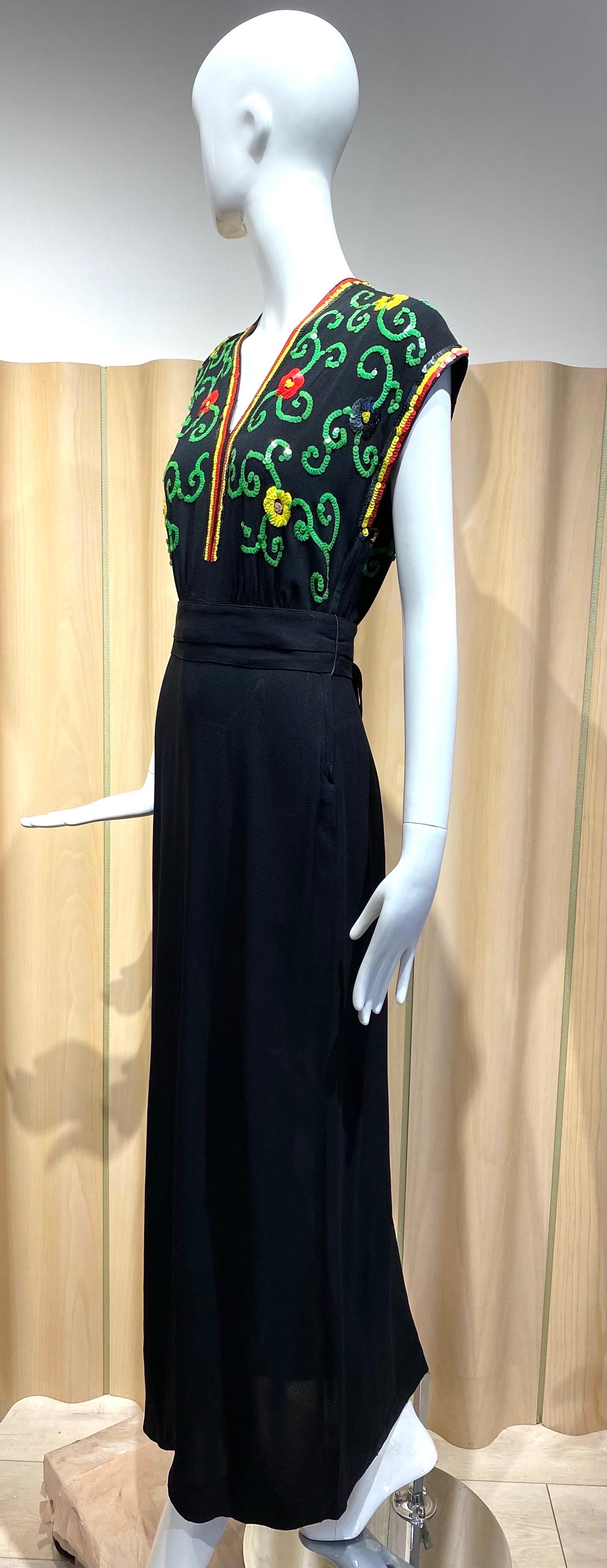 1940s Black Crepe Dress with Multi Color Sequin Dress For Sale 1