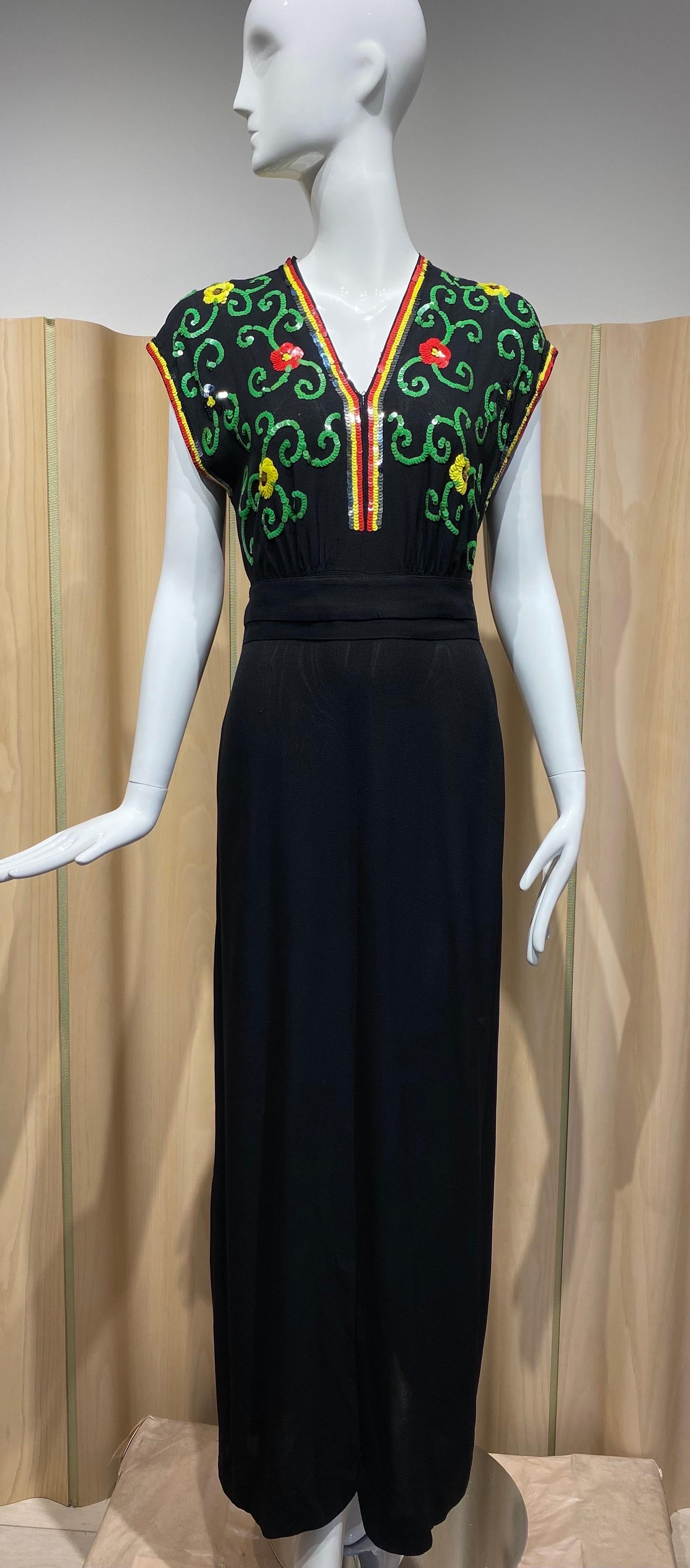 1940s Black Crepe Dress with Multi Color Sequin Dress For Sale 3