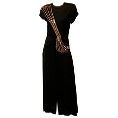 1940's Black Crepe Evening Dress with Gold Sequin Trim
