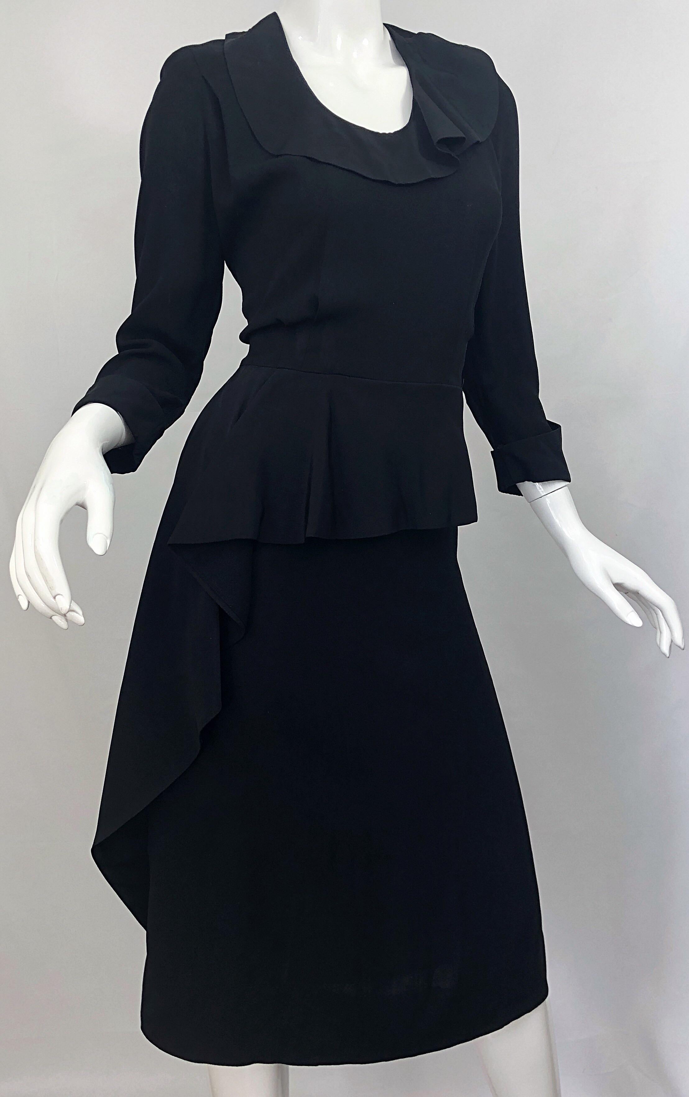 1940s Black Crepe Long Sleeve Chic Asymmetrical Peplum Vintage 40s Dress For Sale 3