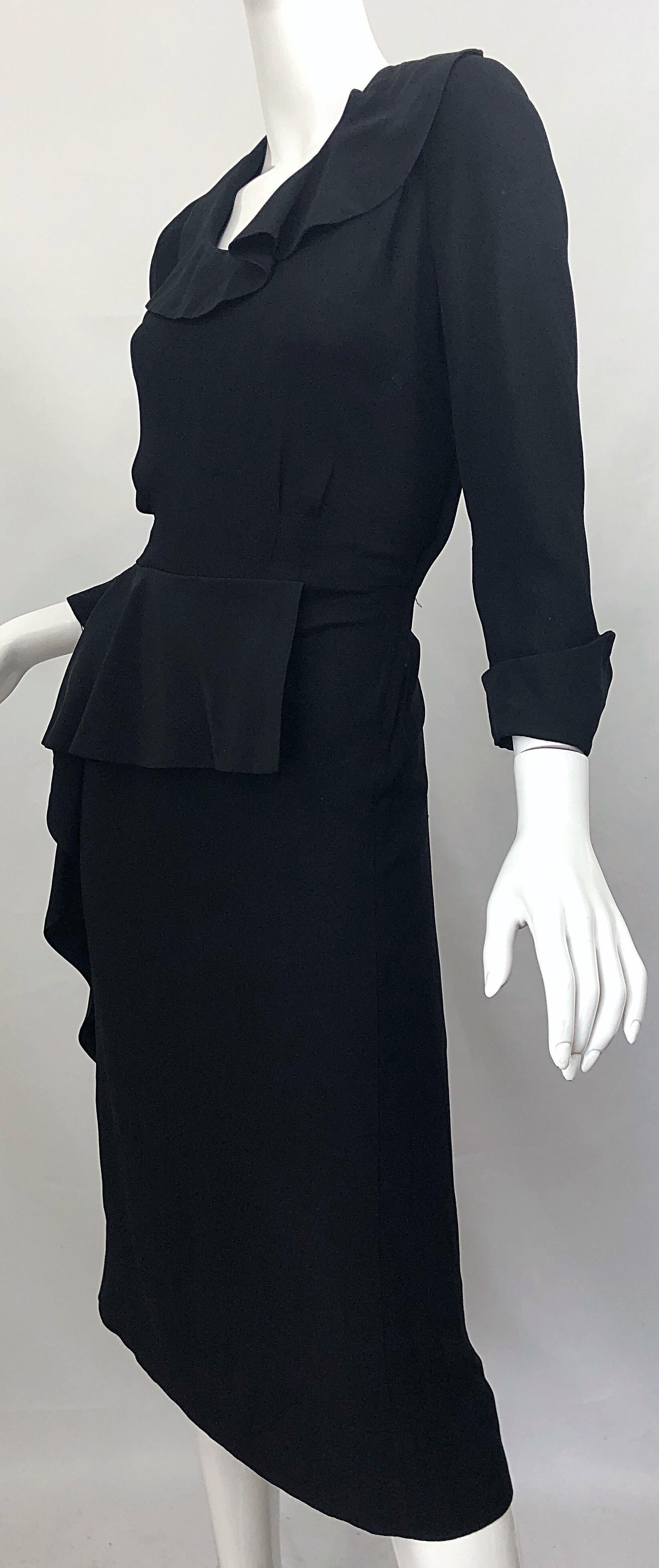 1940s Black Crepe Long Sleeve Chic Asymmetrical Peplum Vintage 40s Dress For Sale 5