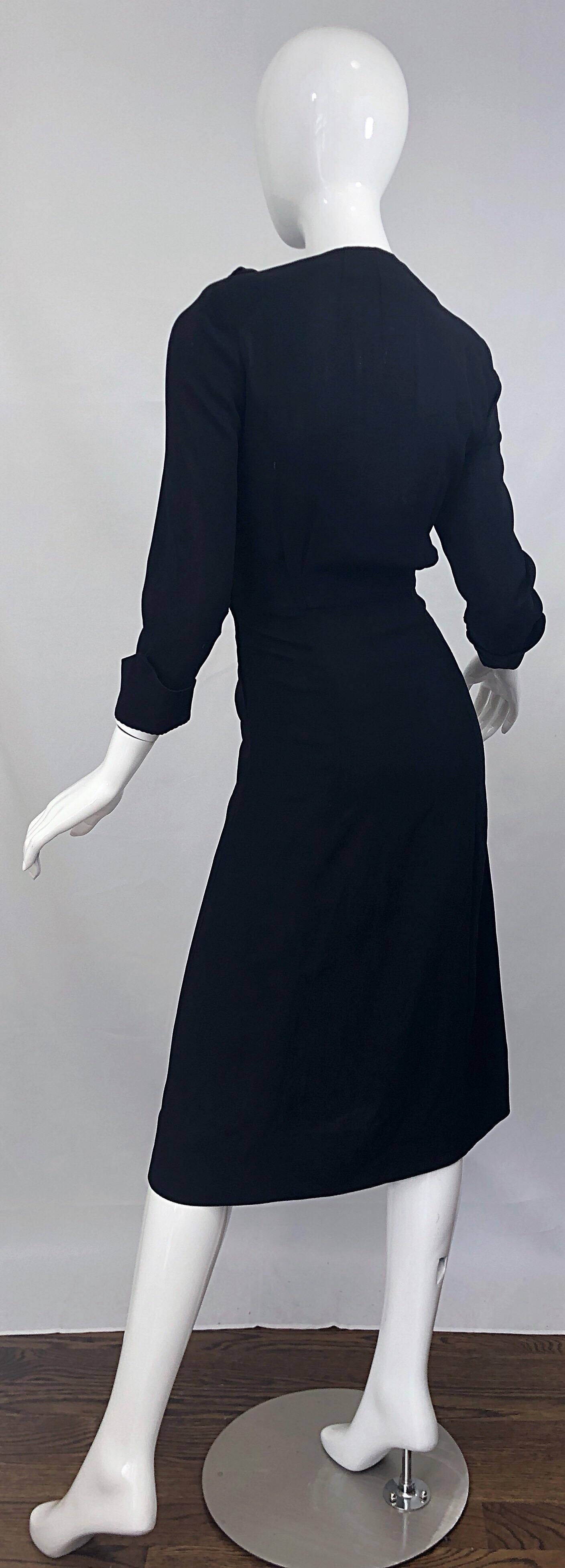 1940s Black Crepe Long Sleeve Chic Asymmetrical Peplum Vintage 40s Dress For Sale 6