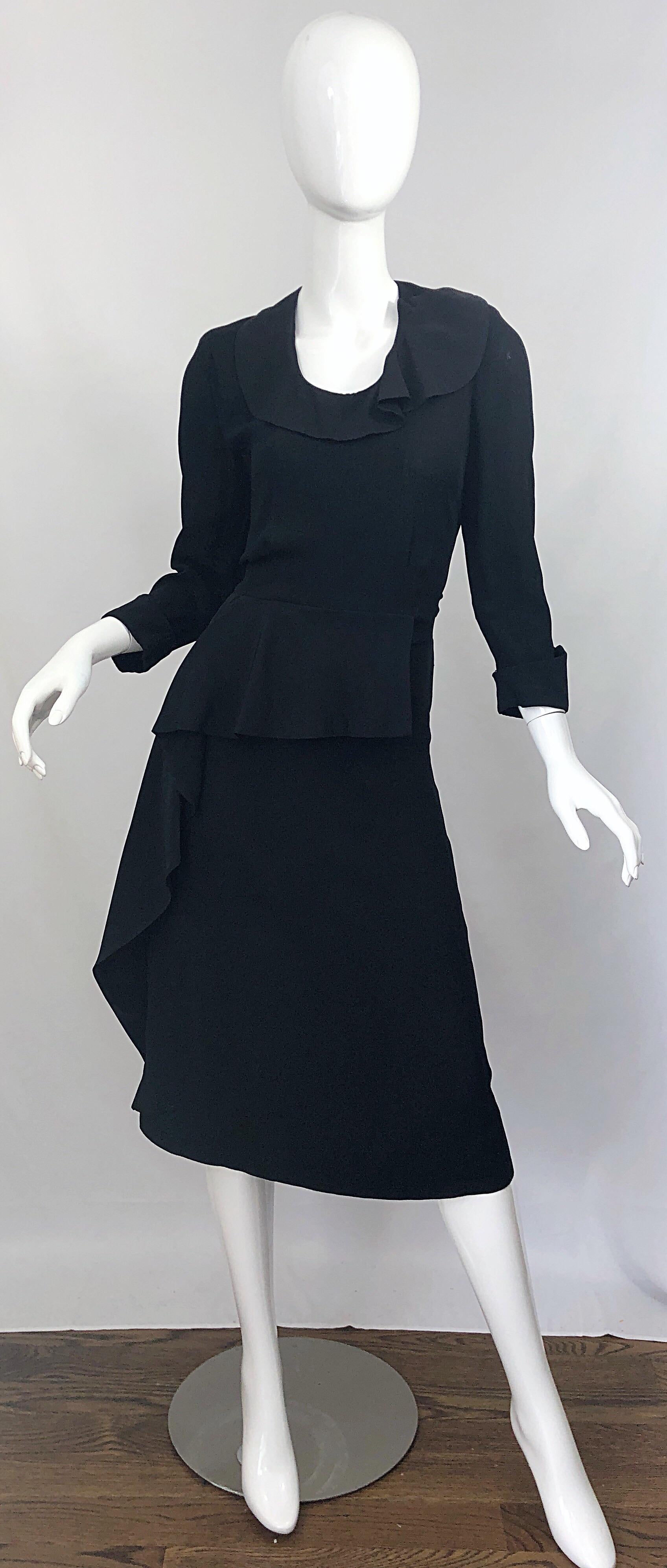 1940s Black Crepe Long Sleeve Chic Asymmetrical Peplum Vintage 40s Dress For Sale 7