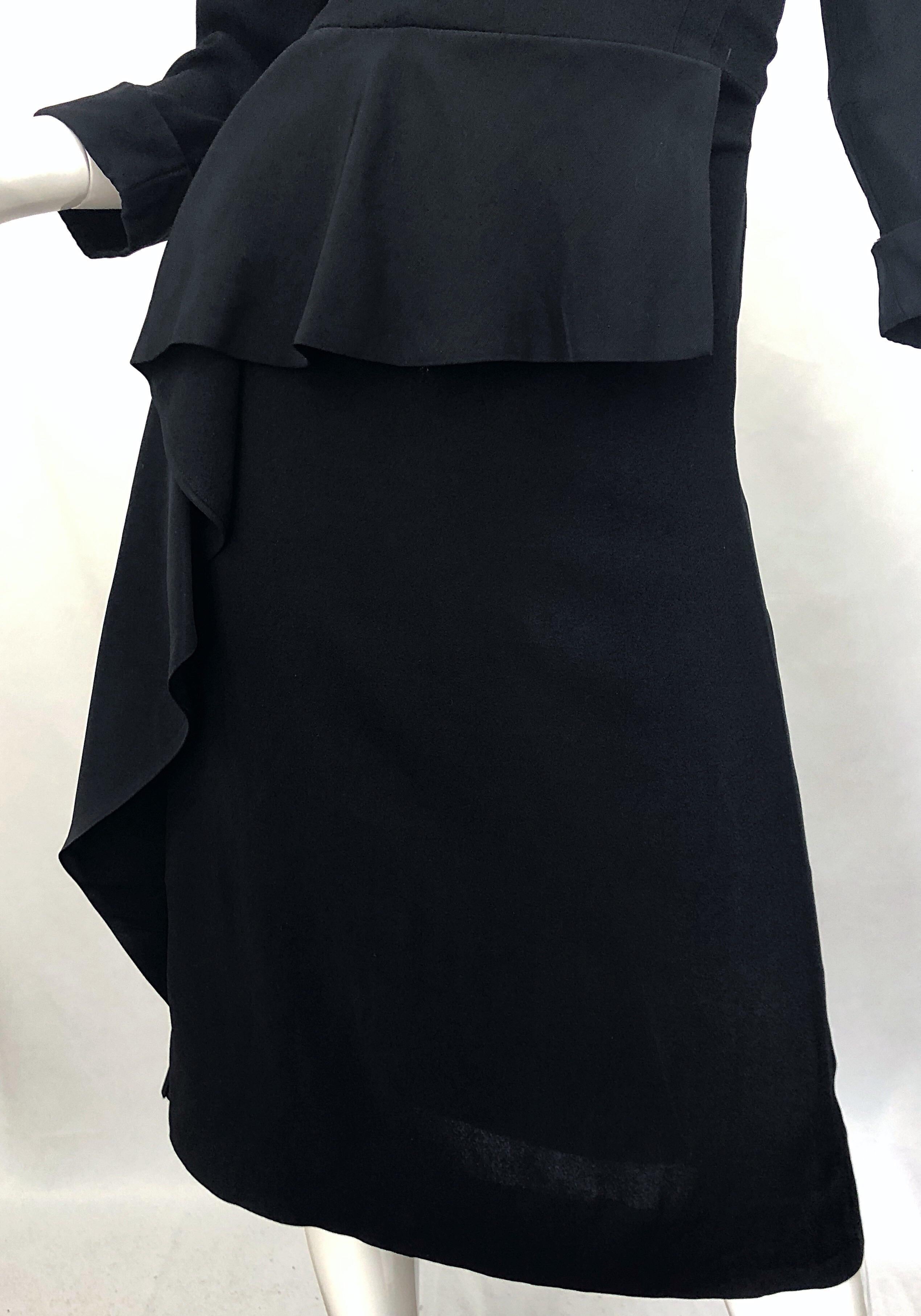 1940s Black Crepe Long Sleeve Chic Asymmetrical Peplum Vintage 40s Dress In Excellent Condition For Sale In San Diego, CA