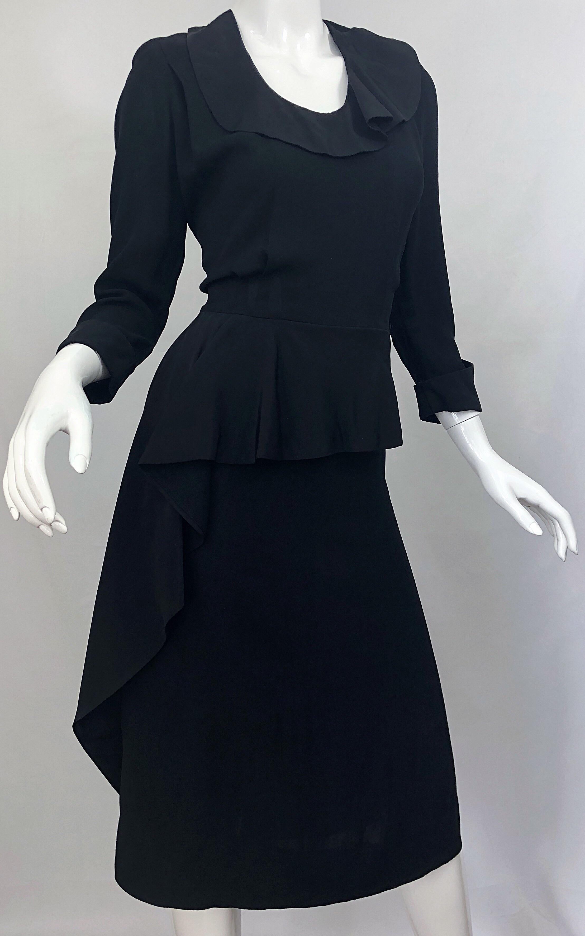 Women's 1940s Black Crepe Long Sleeve Chic Asymmetrical Peplum Vintage 40s Dress For Sale