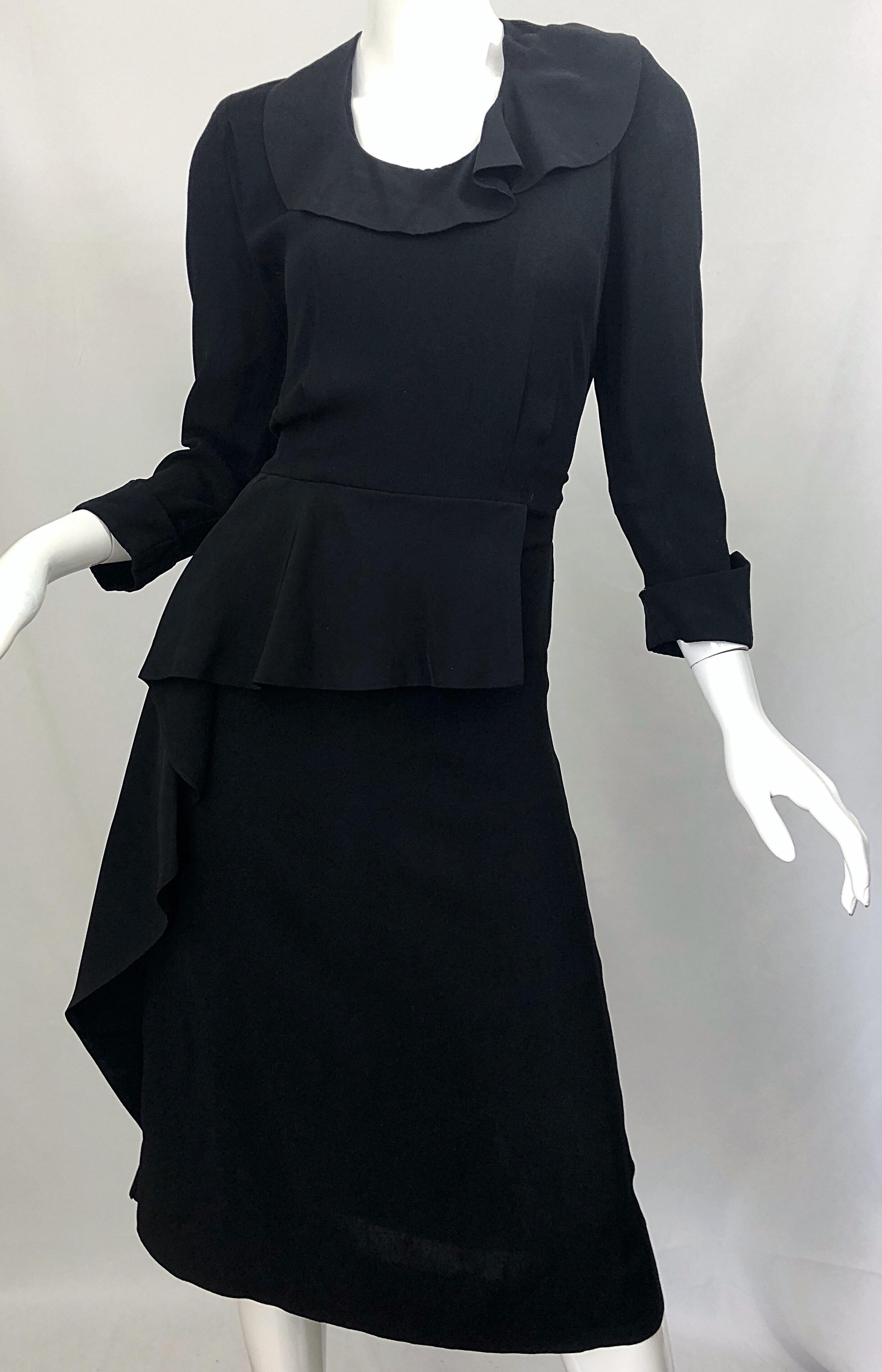 1940s Black Crepe Long Sleeve Chic Asymmetrical Peplum Vintage 40s Dress For Sale 1