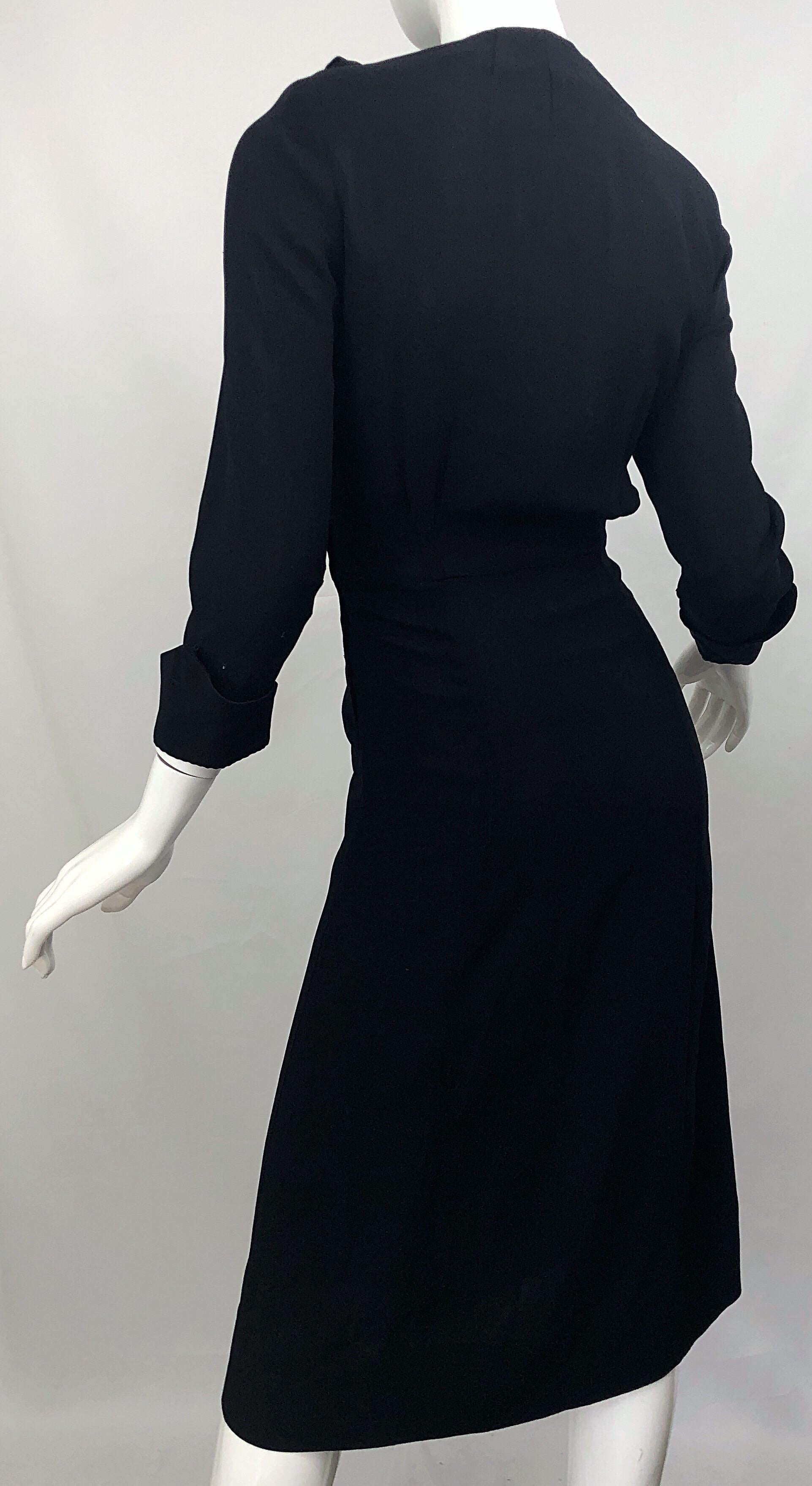 1940s Black Crepe Long Sleeve Chic Asymmetrical Peplum Vintage 40s Dress For Sale 2