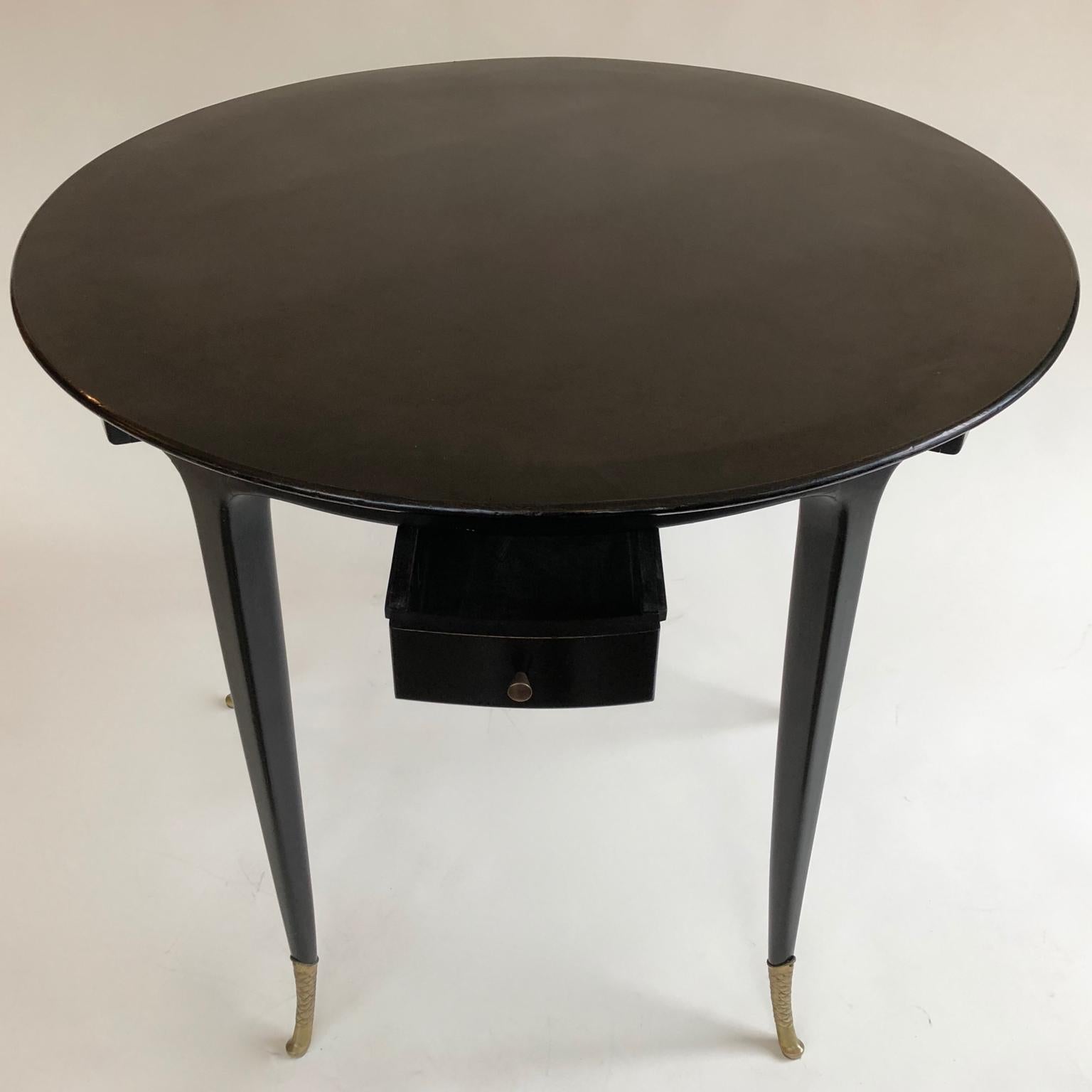 Art Deco 1940s Circular Black Ebonised Italian Games Table with Drawers and Brass Sabots